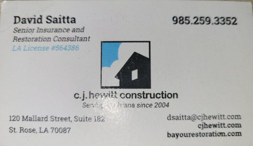 David Saitta — Senior Insurance and Restoration Consultant at C.J. Hewitt Construction, LA License #564386