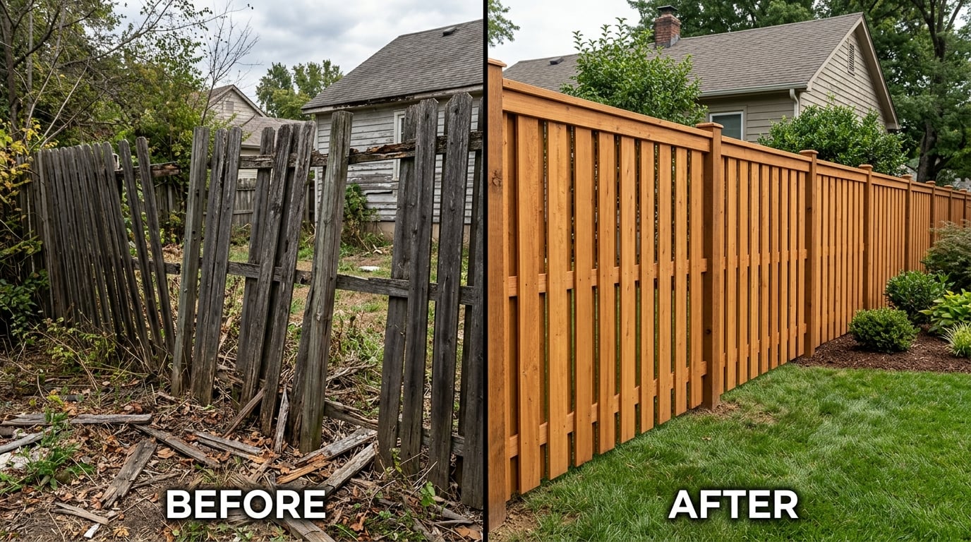 Before and after fence replacement — damaged vs new