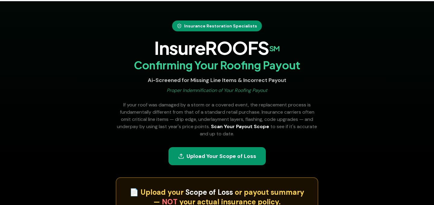 InsureROOFS℠ — AI roofing insurance scope scanner tool page header