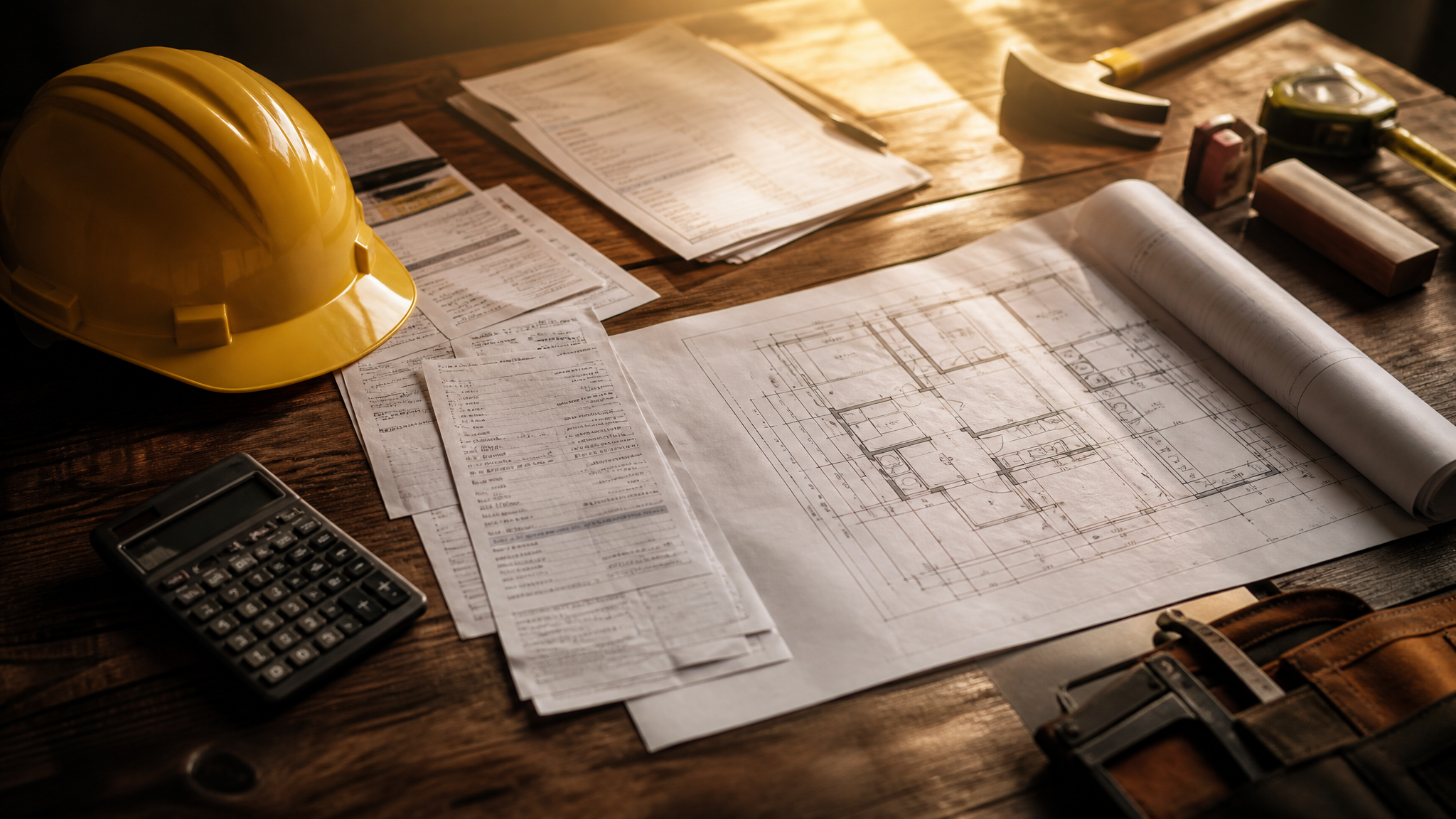 Contractor desk with calculator, invoices, and blueprint representing construction sales tax in Florida