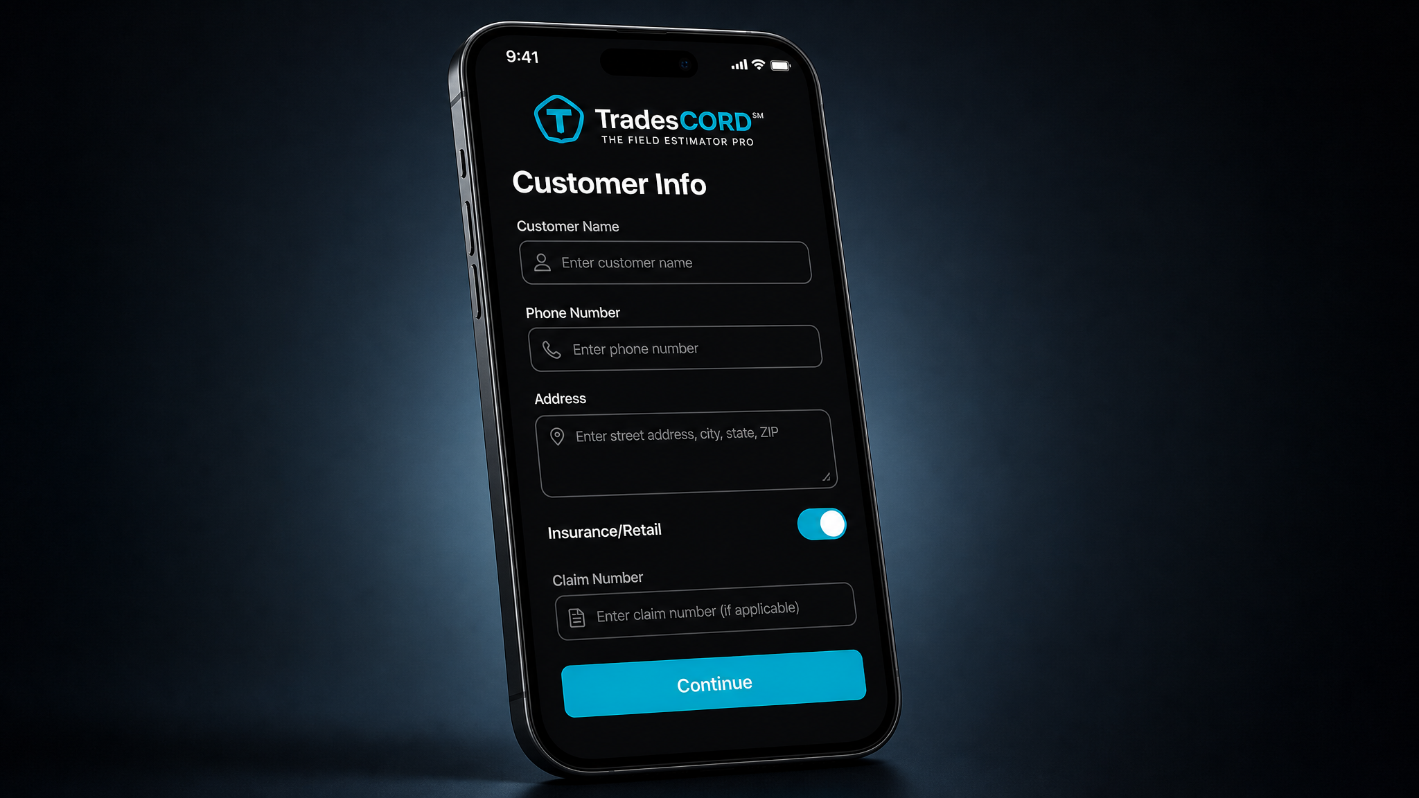 TradesCORD customer info entry screen showing name, address, phone, and insurance toggle