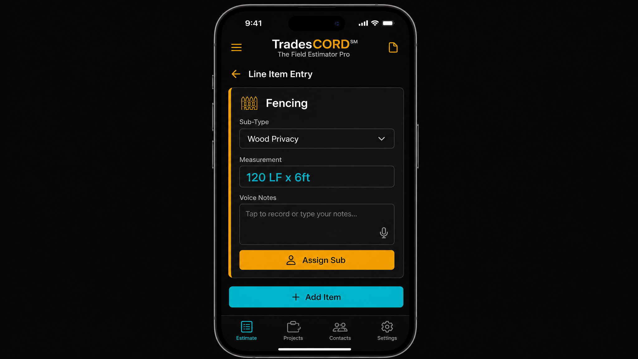 TradesCORD line item entry with measurements, voice notes, and sub-contractor assignment