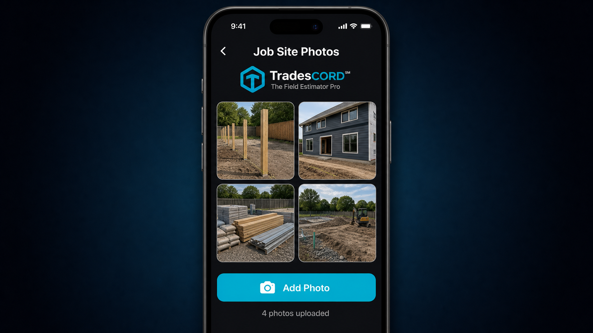 TradesCORD photo documentation with camera interface and organized photo grid
