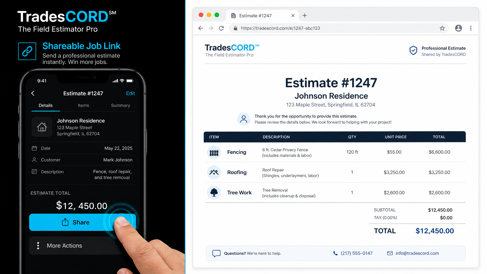 TradesCORD shareable job link showing phone share action and read-only web view