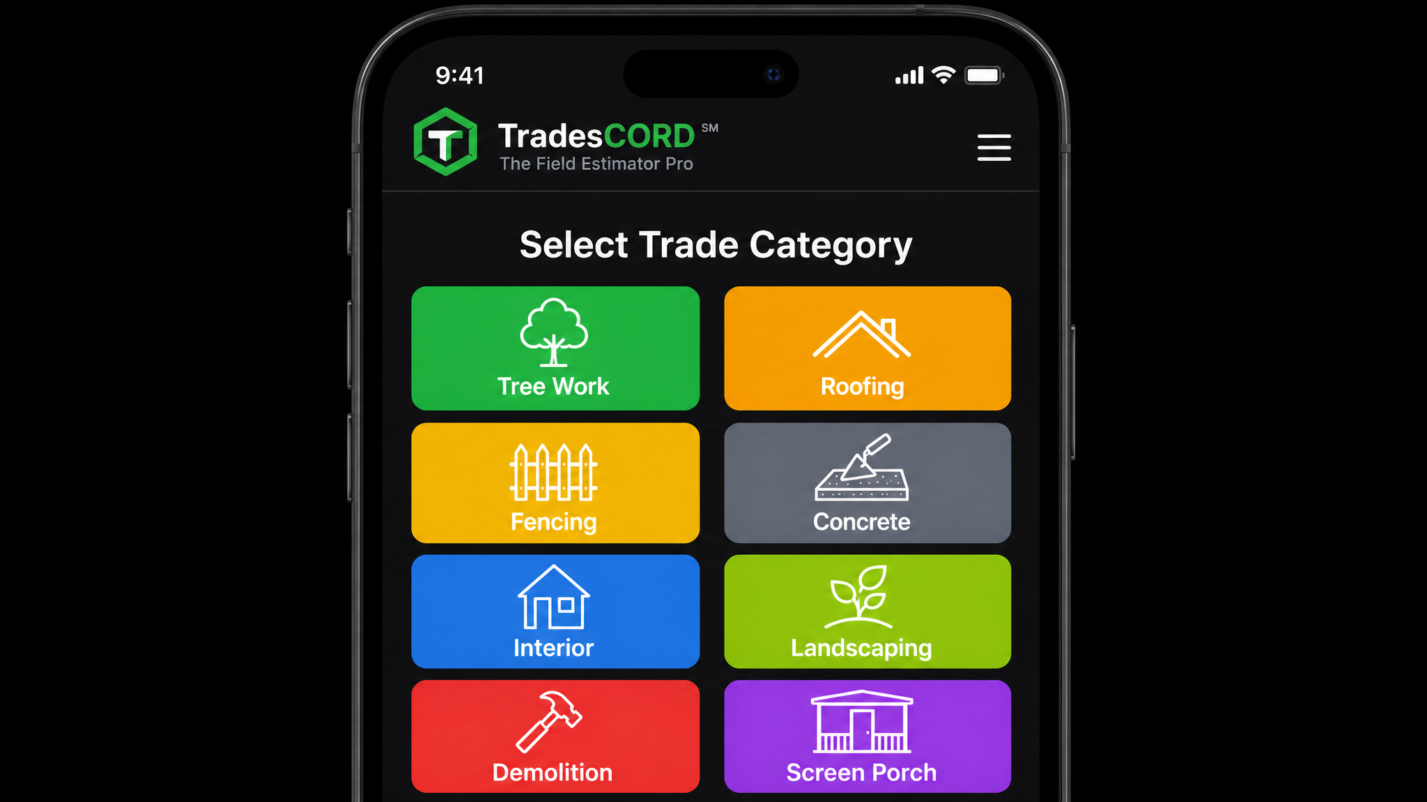 TradesCORD trade selection dashboard with colorful category buttons