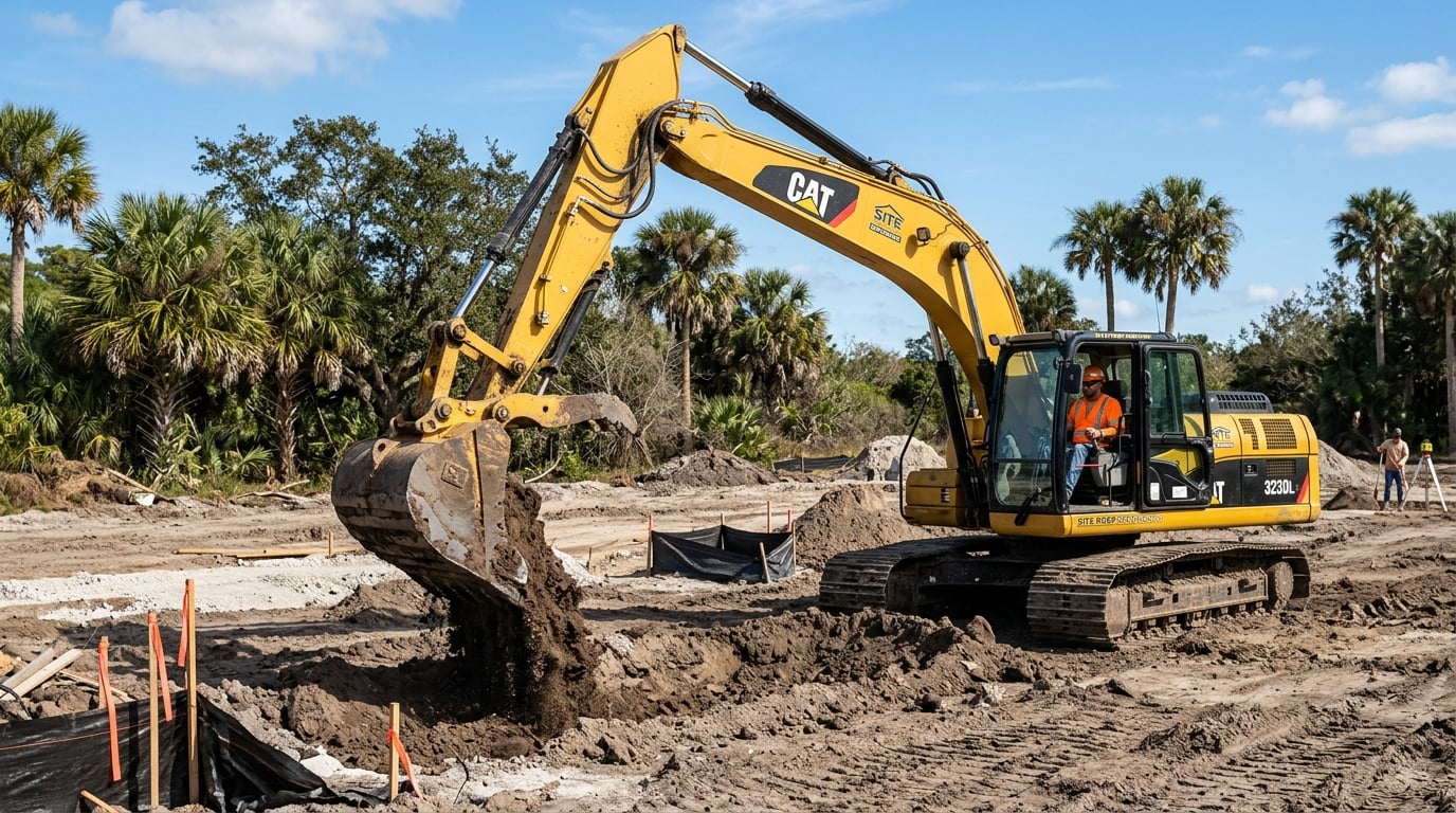 Excavator grading a residential lot in Jacksonville, FL