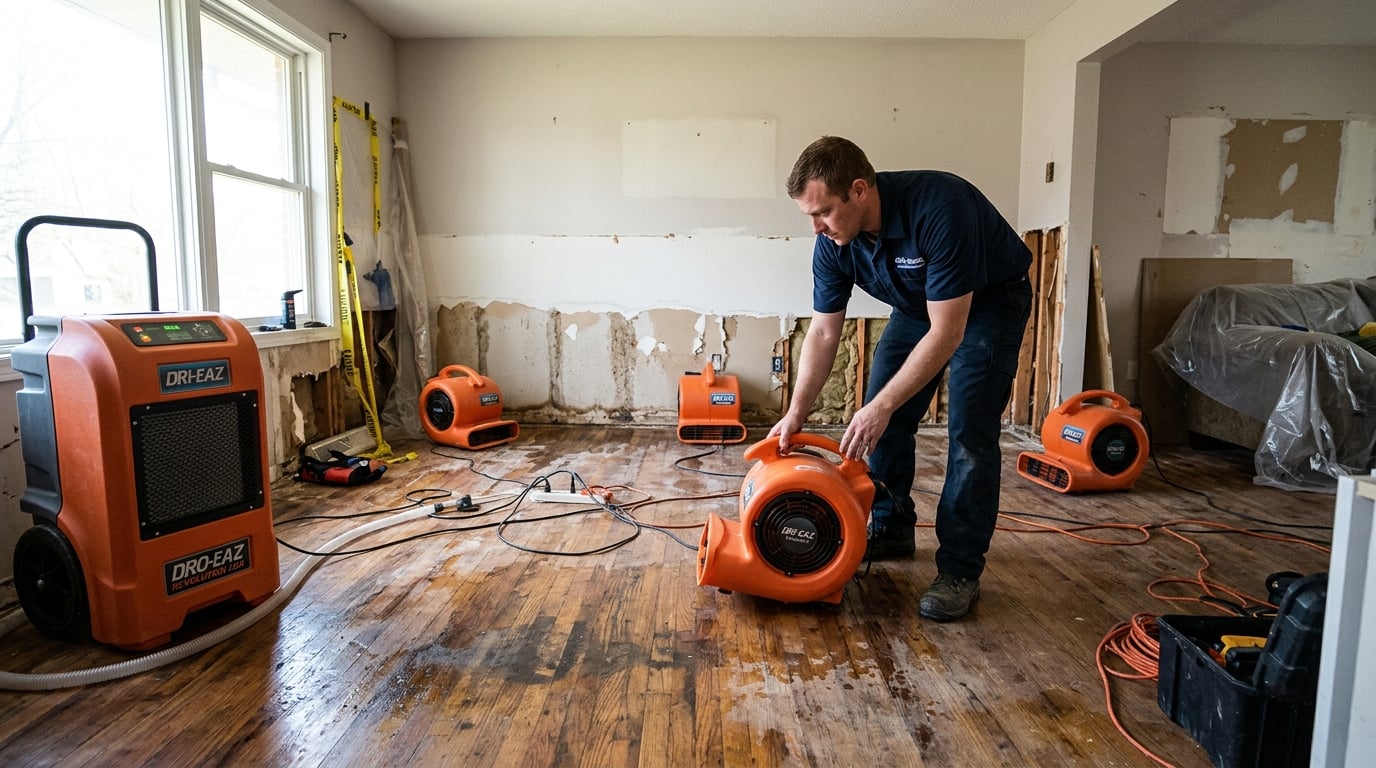 Water damage restoration technician drying a flooded home interior in Jacksonville, FL