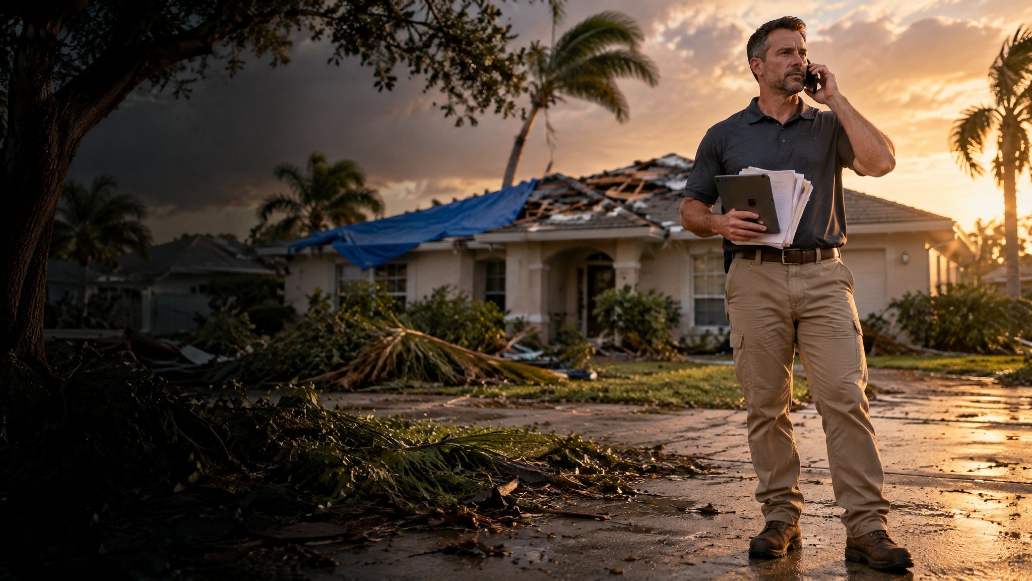 Contractor in a storm-damaged Florida driveway on the phone with the insurance carrier, holding a tablet and claim paperwork