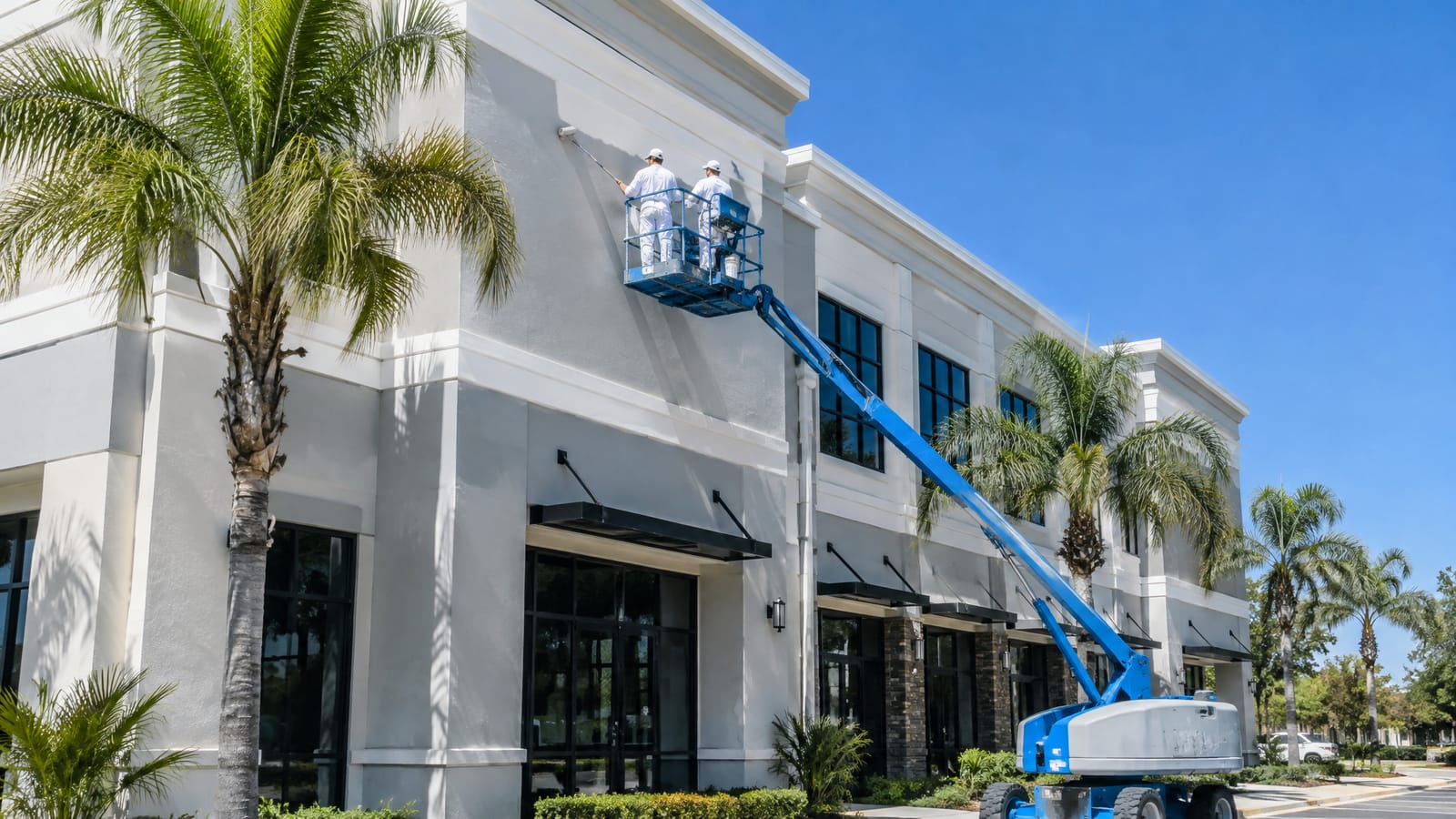 Painters on a boom lift repainting a two-story commercial building in Jacksonville, Florida