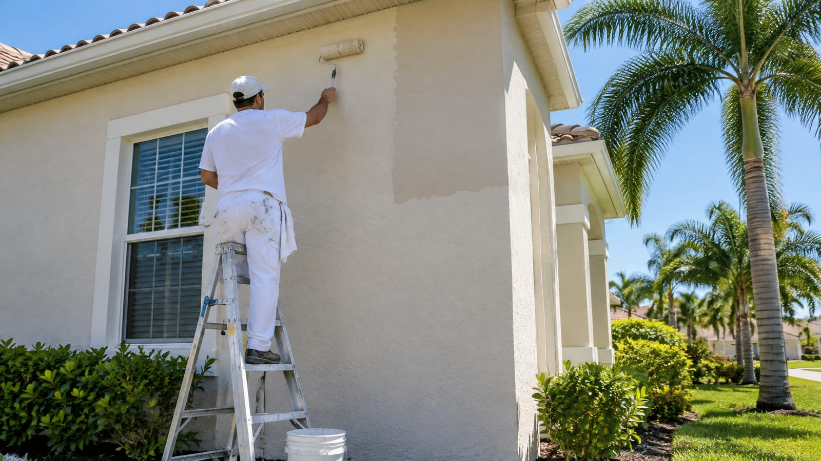 Painter on a ladder rolling fresh paint onto a stucco home exterior in Jacksonville, Florida