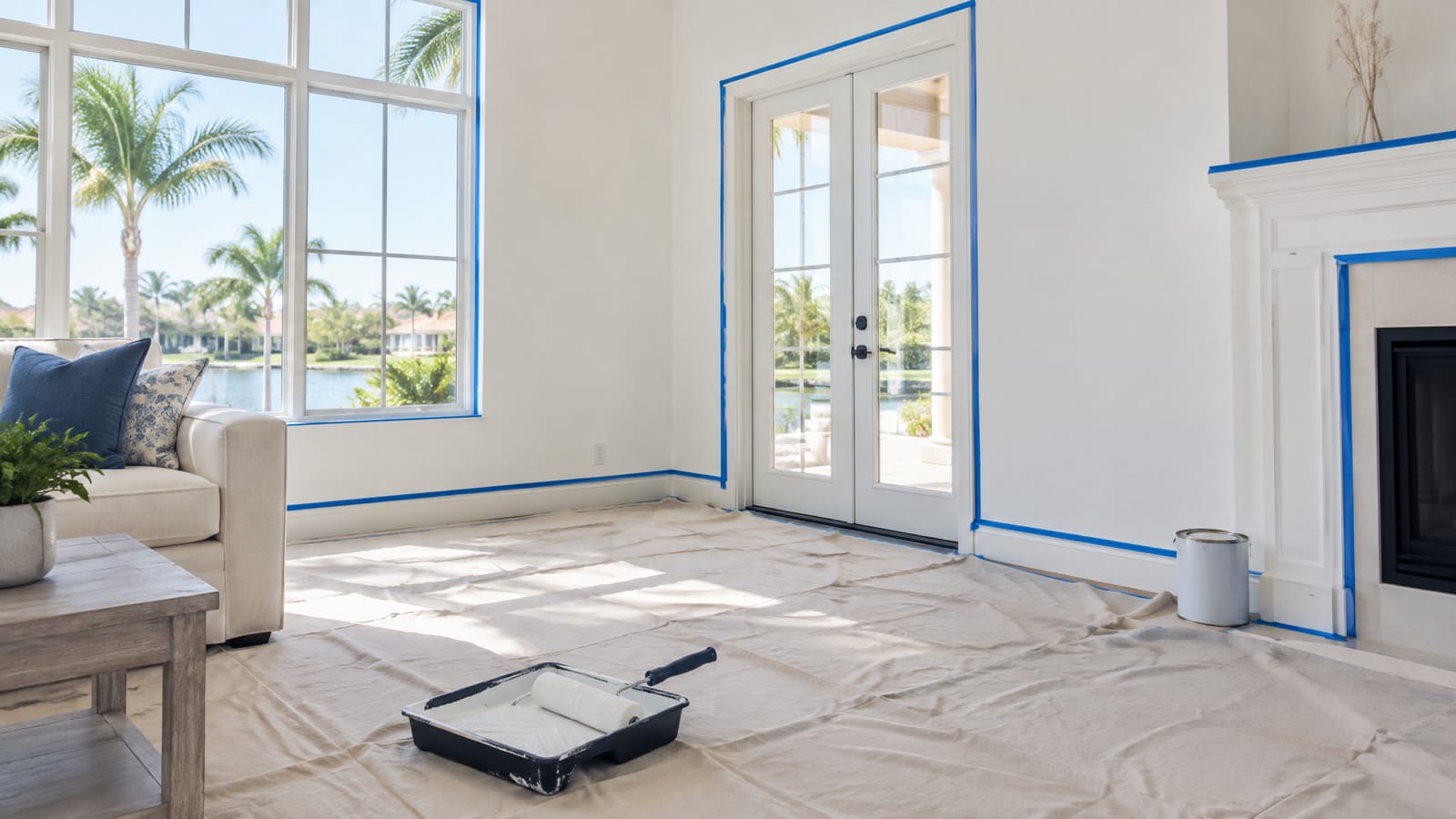 Restored and repainted living room after a water damage repair in Jacksonville