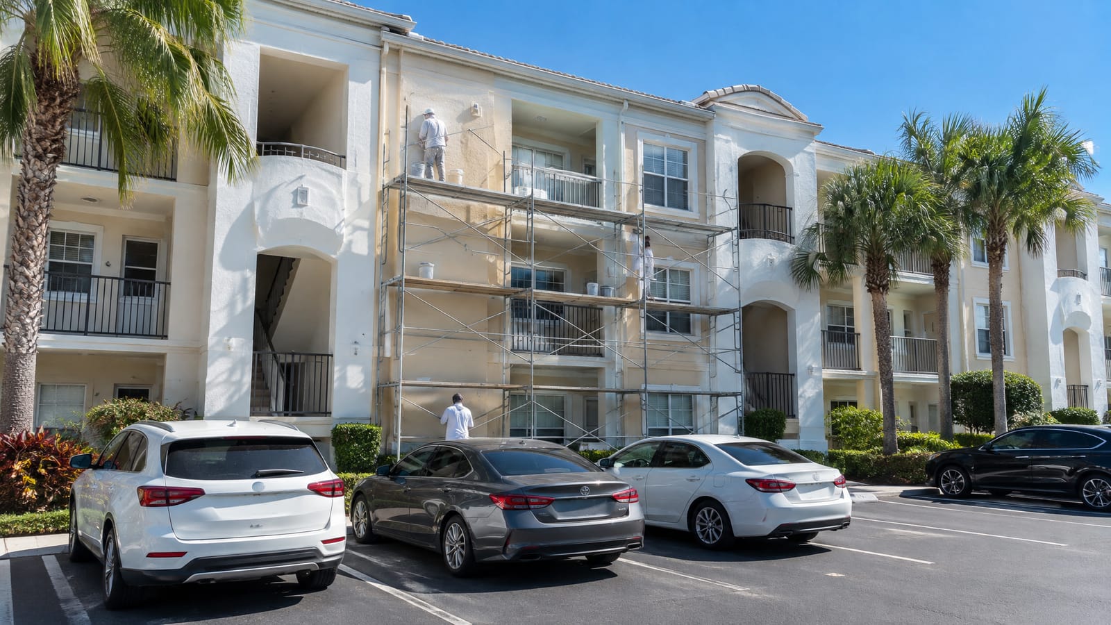 Painting crew on scaffolding repainting a three-story apartment building in Florida