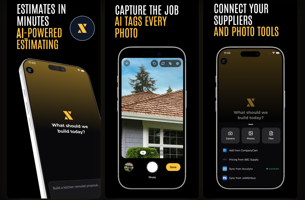 XBuild mobile app screens showing AI-powered estimating, job photo capture, and supplier connections