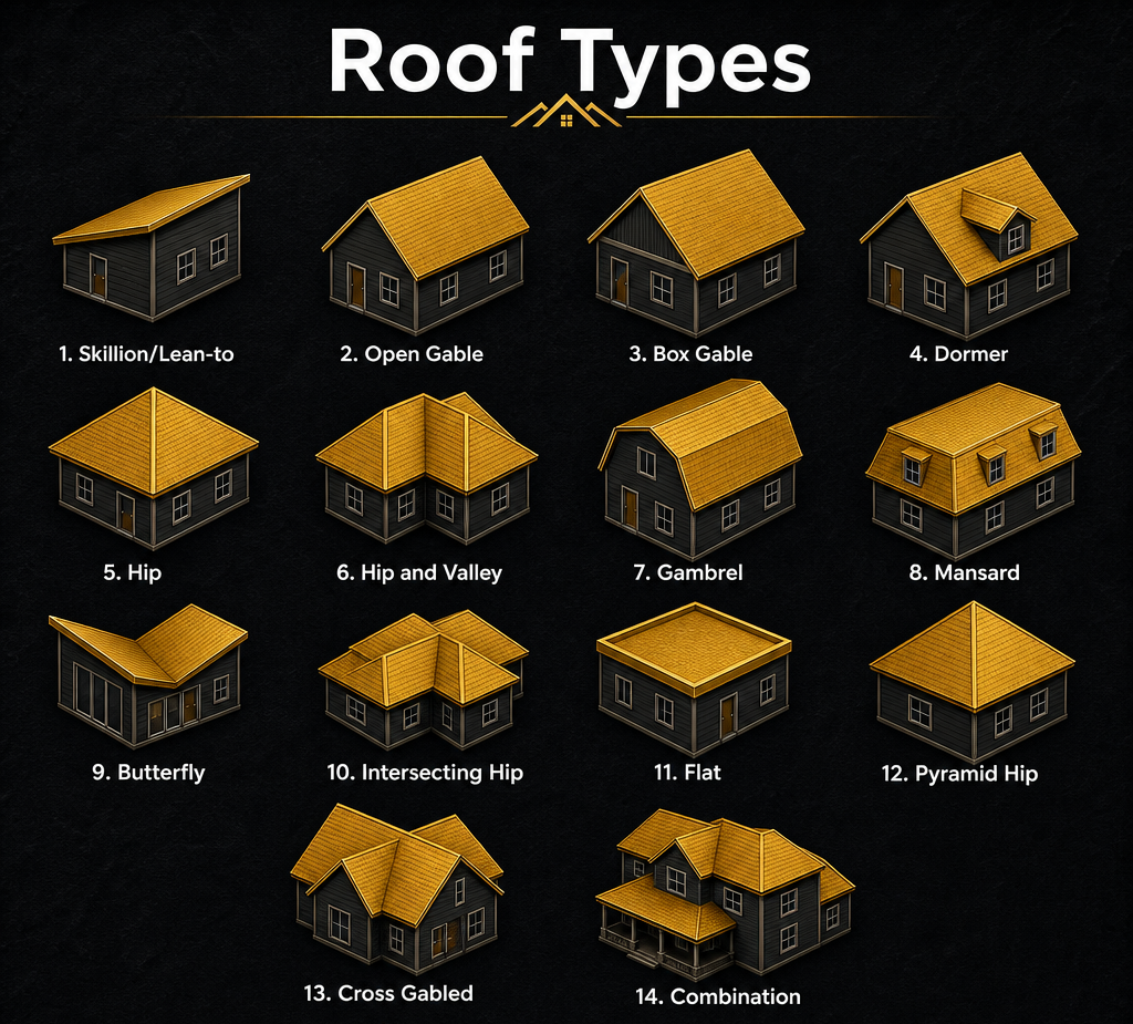 Roof Types Diagram — Skillion, Open Gable, Box Gable, Dormer, Hip, Hip and Valley, Gambrel, Mansard, Butterfly, Intersecting Hip, Flat, Pyramid Hip, Cross Gabled, and Combination roofs