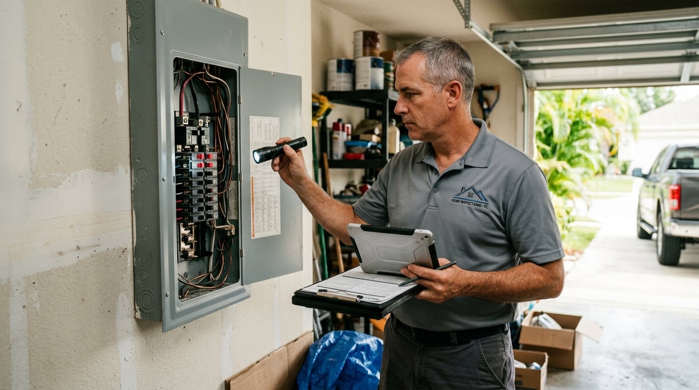 Inspector completing a 4-point insurance inspection report for a Jacksonville FL home