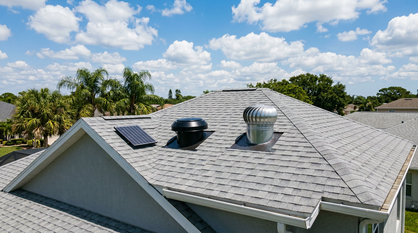Solar-powered roof-top attic fan installed on a Jacksonville FL shingle roof
