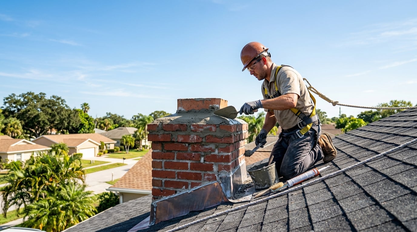 Chimney repair on a Jacksonville FL rooftop, sealing flashing and repairing the crown