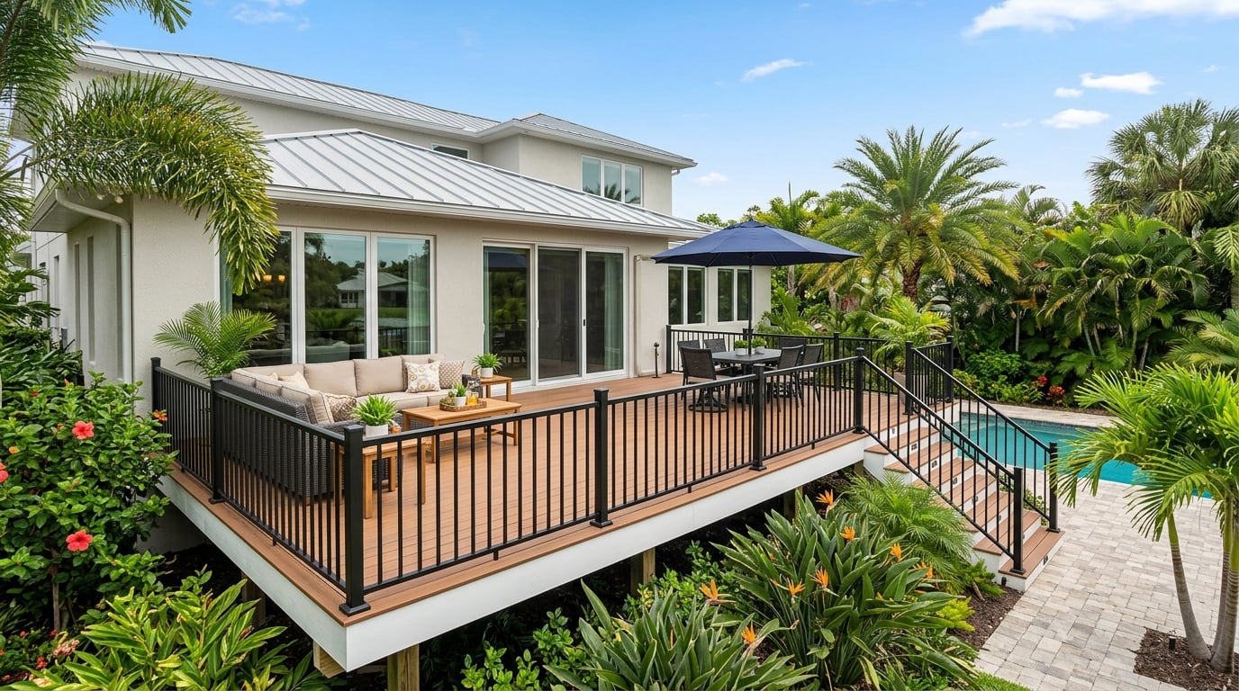 Large composite backyard deck with railings attached to a Jacksonville FL home