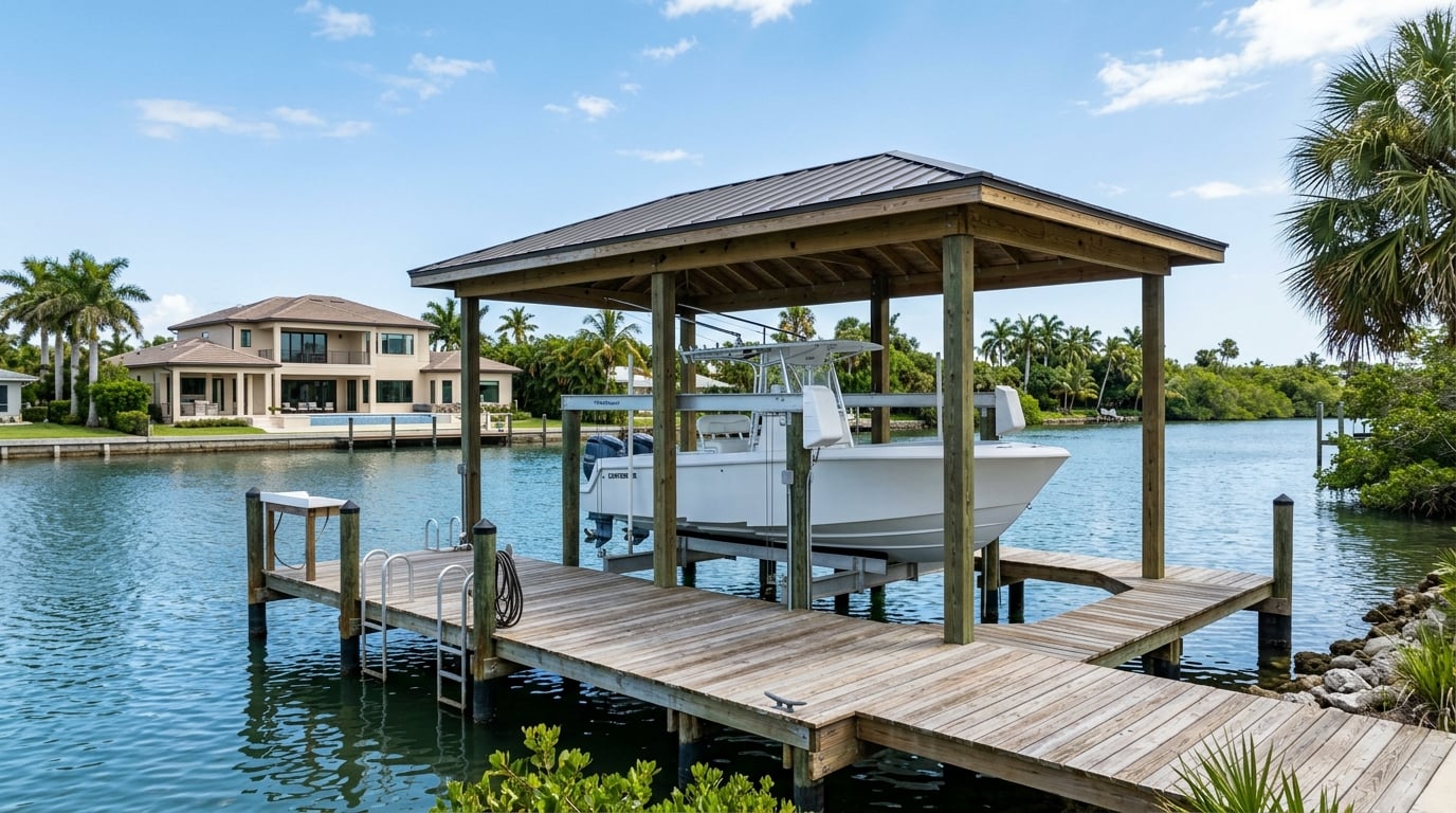 Residential boat dock with covered boathouse and boat lift over water in Jacksonville FL