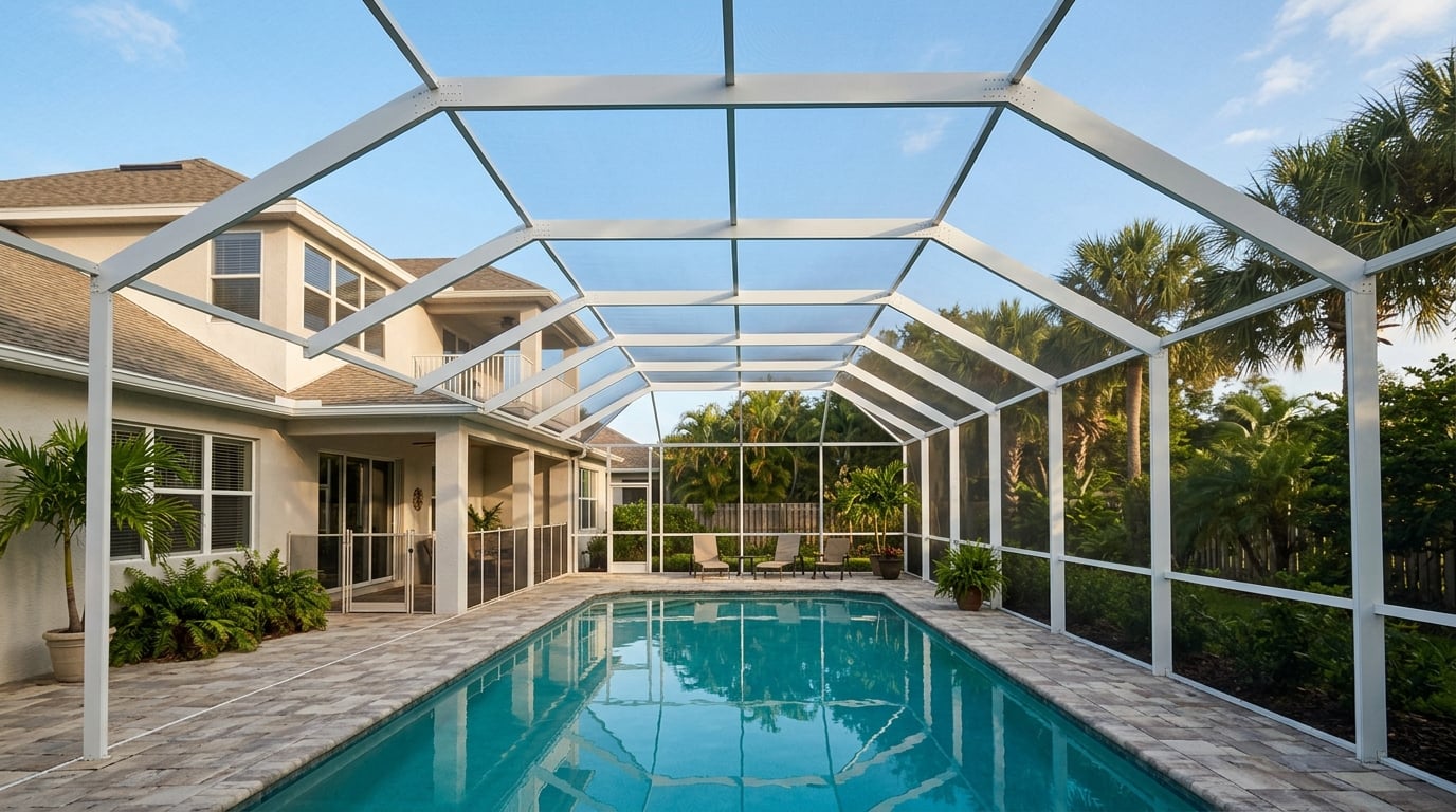 Pool cage contractor repairing an aluminum screen enclosure frame in Jacksonville FL