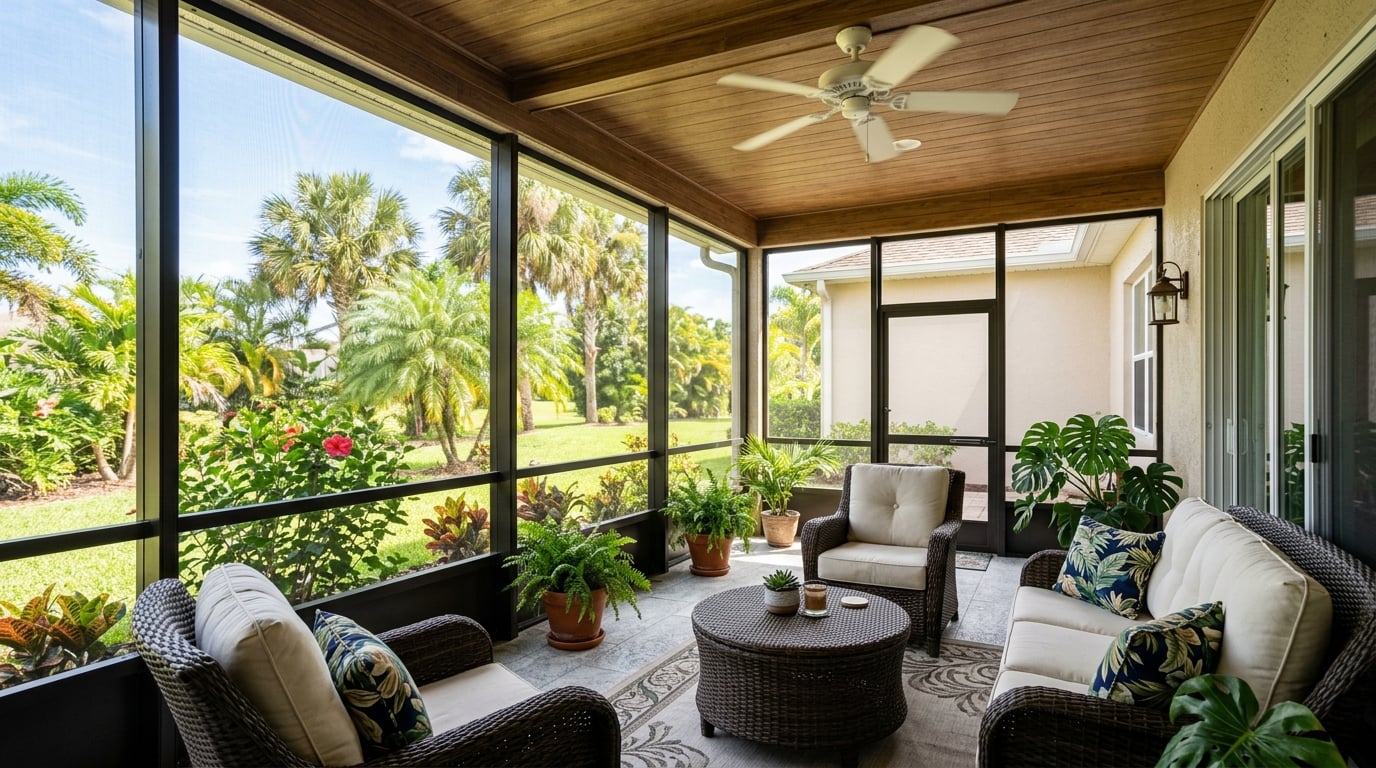 Screened-in covered porch lanai with seating on a Jacksonville FL home