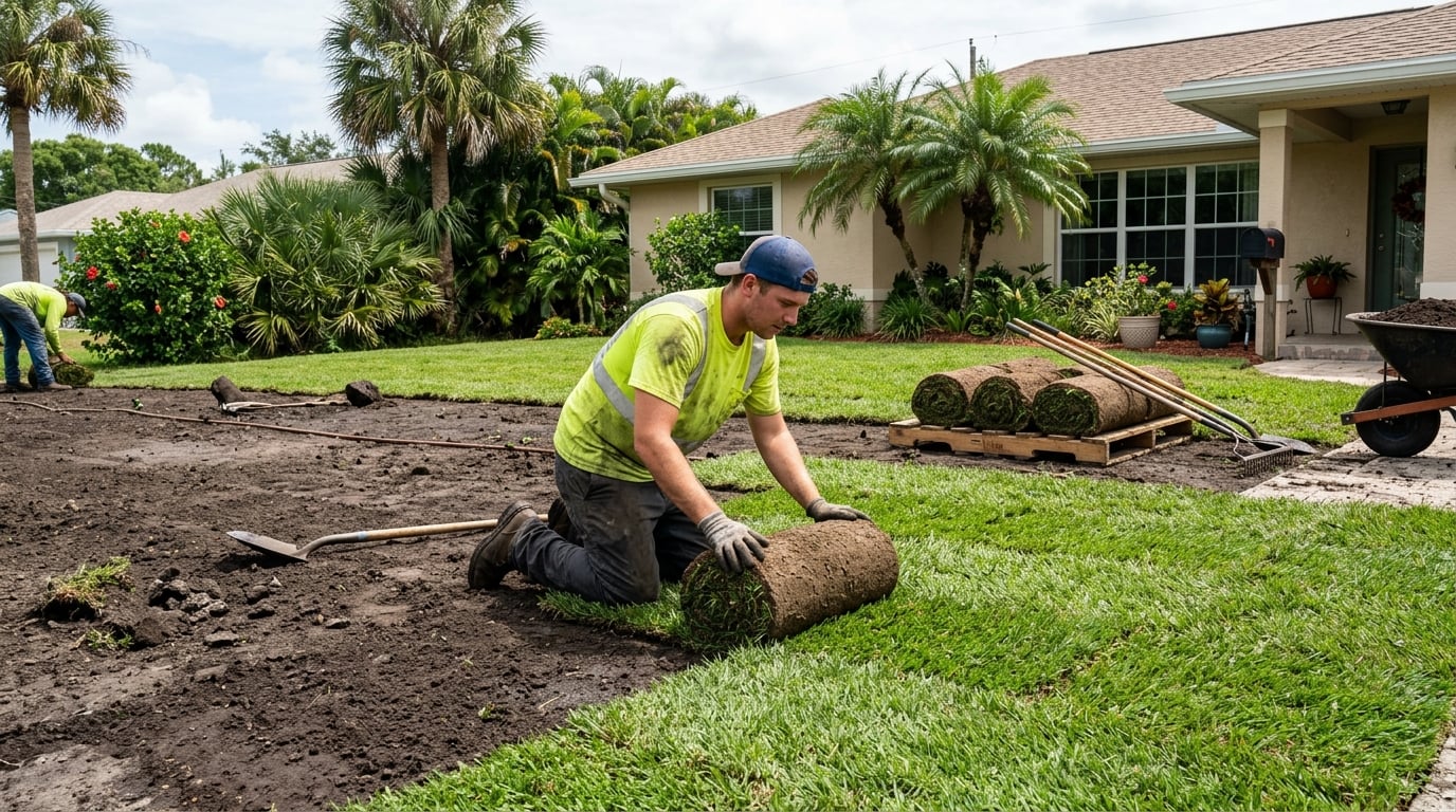 Fresh sod being installed on a graded lawn at a Jacksonville FL home