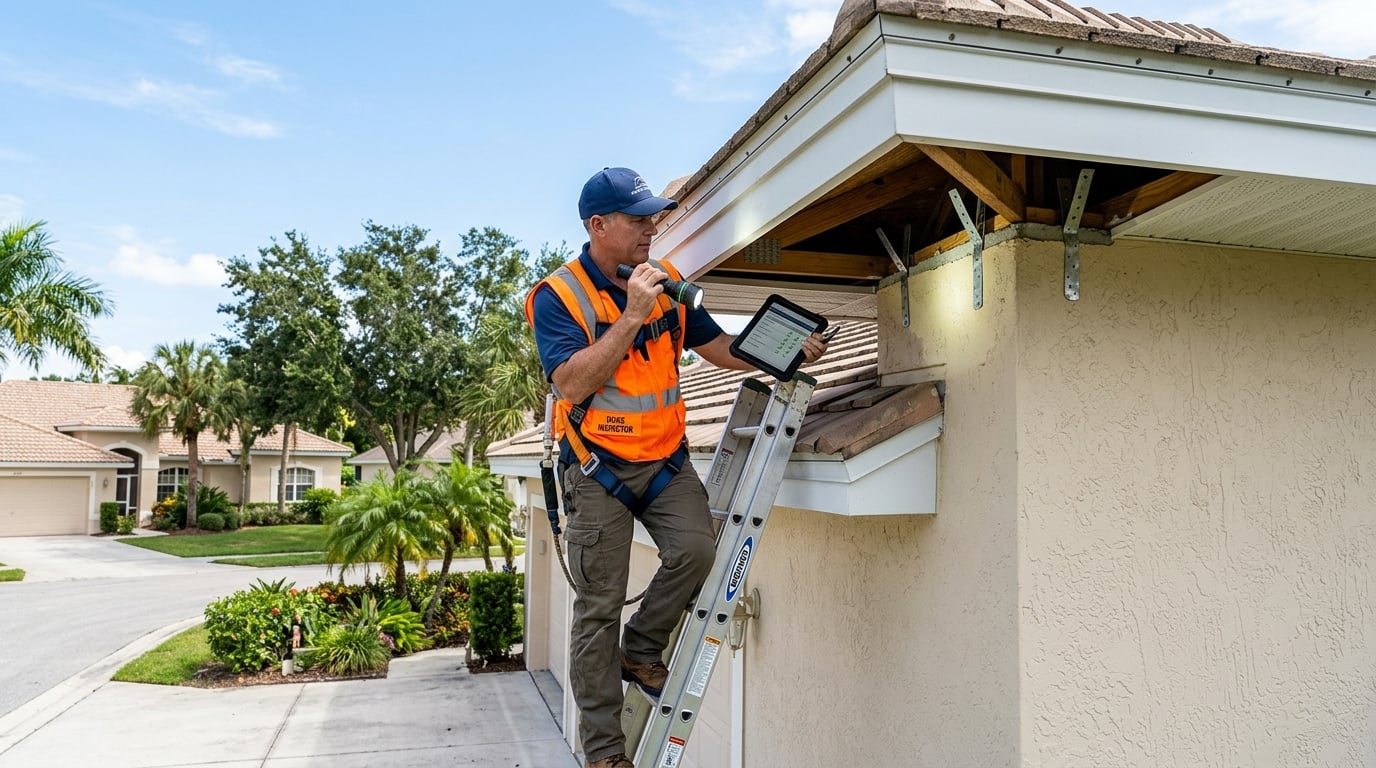 Wind mitigation inspection documenting roof-to-wall connections on a Jacksonville FL home