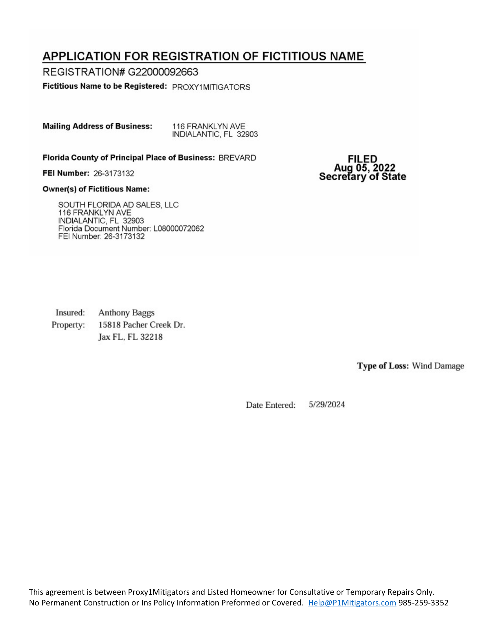 Proxy1Mitigators Business Registration — Filed with FL Secretary of State