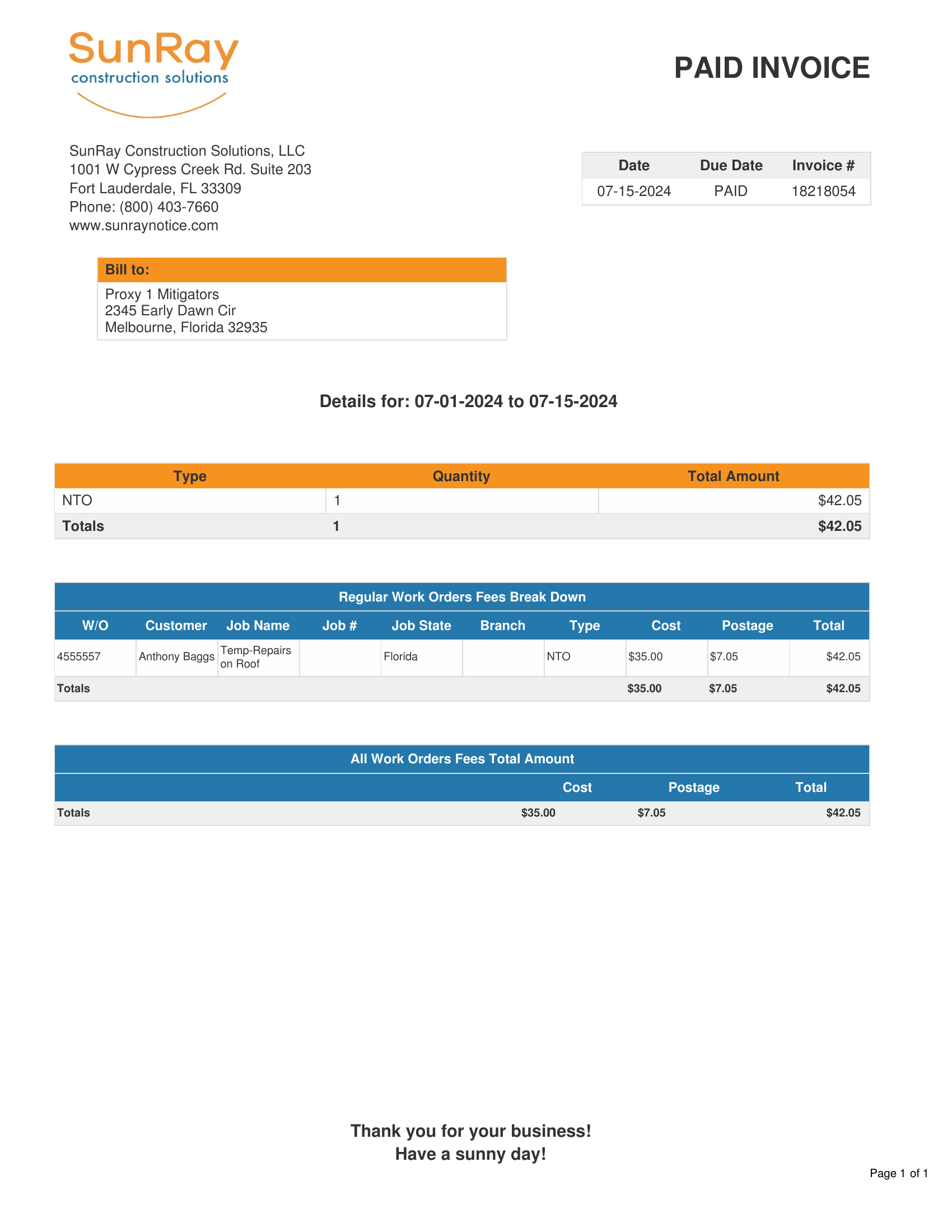 USPS Certified Mail Receipt — SunRay Construction Solutions