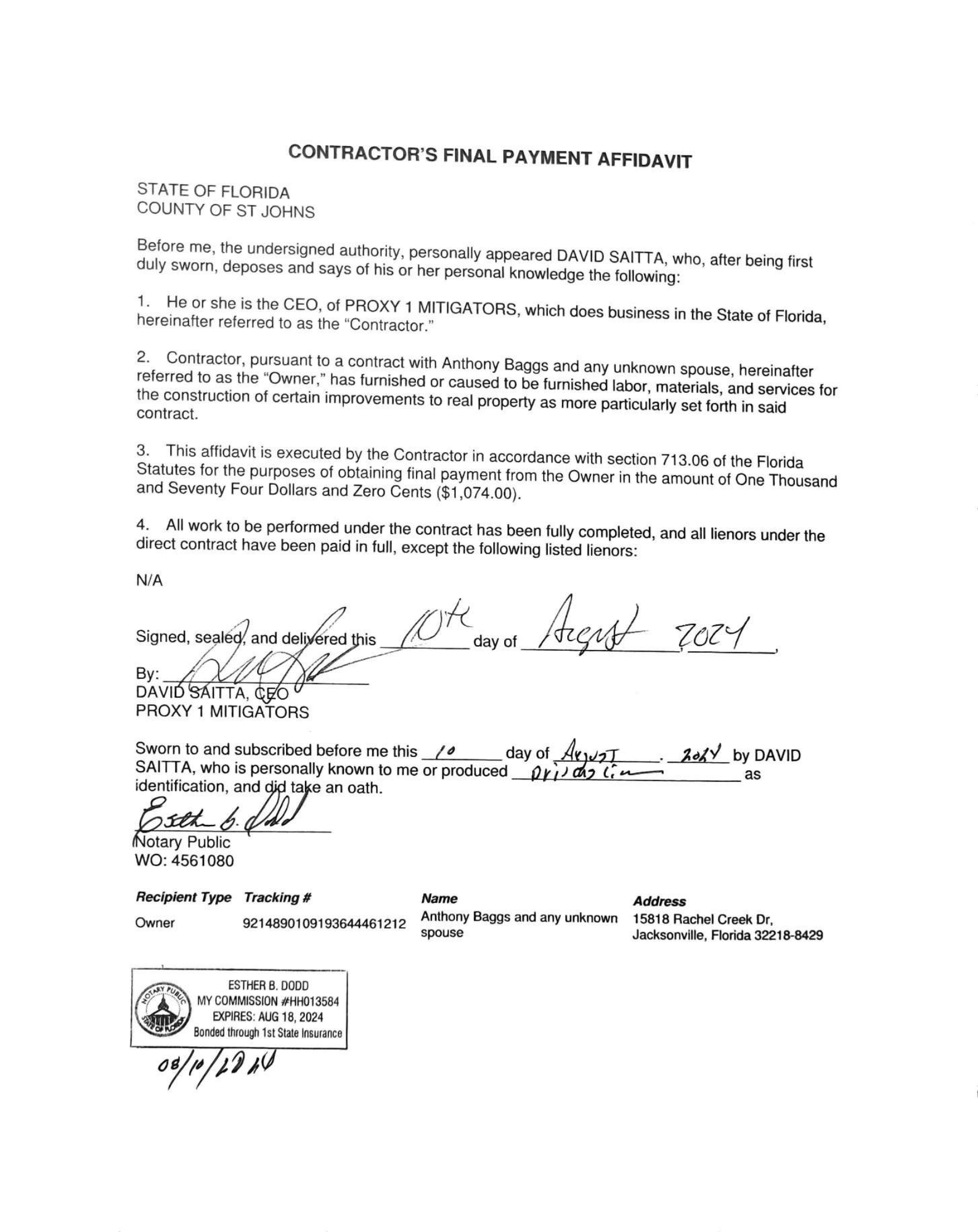 Claim of Lien — Notary Public Certification (Esther B. Dodd)