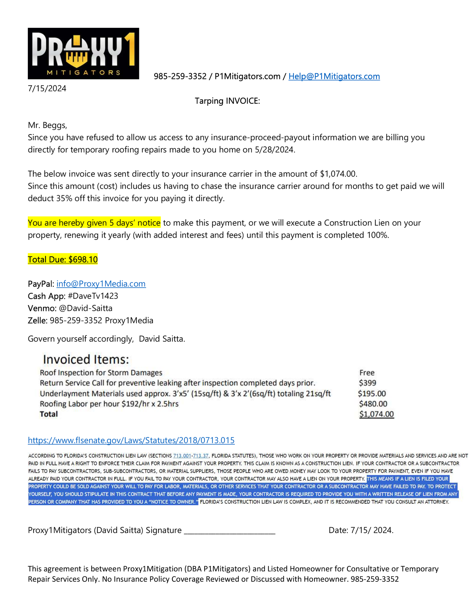 Demand Letter to Anthony Baggs — Total Due $698.10 (7/15/2024)