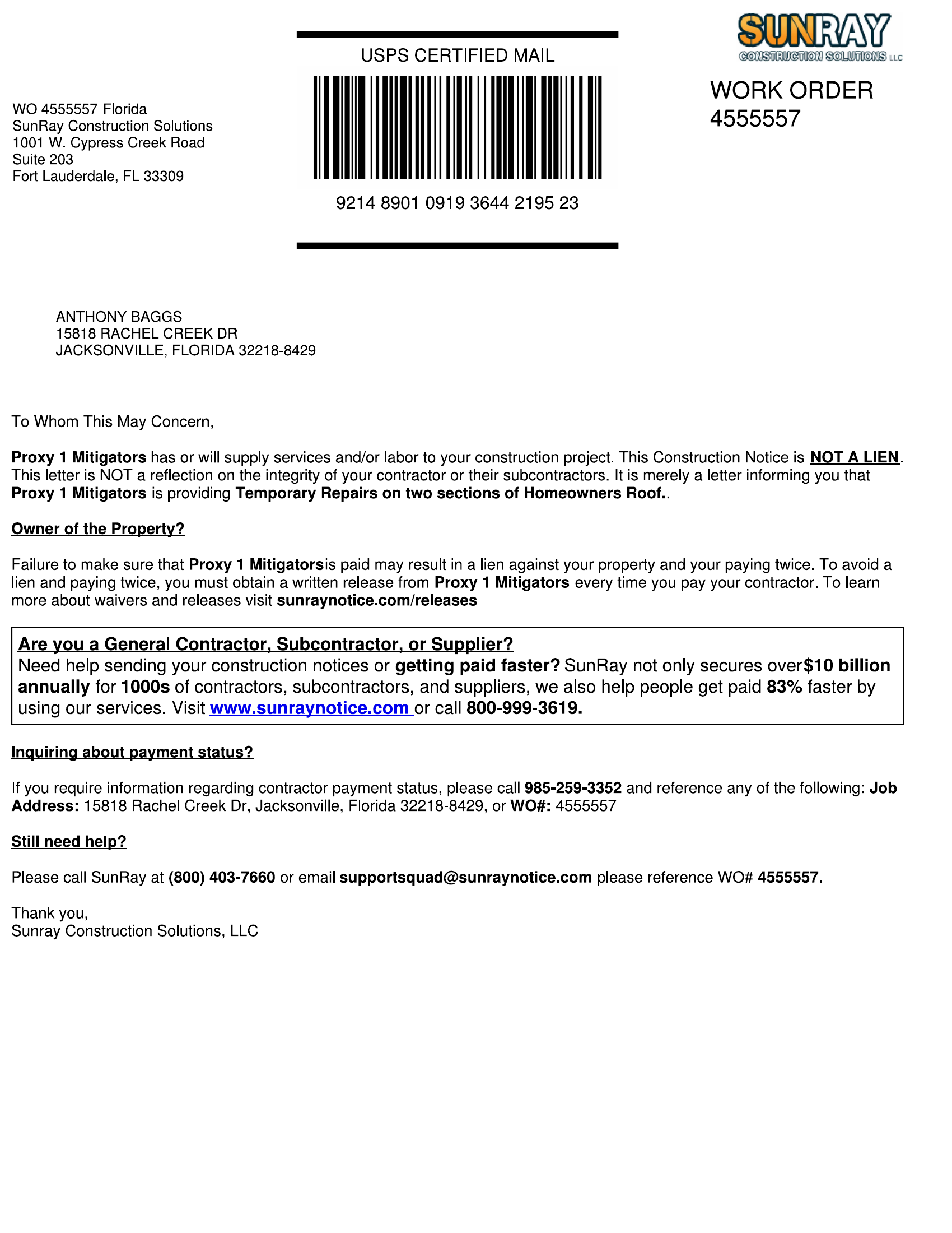 Notice to Owner — USPS Certified Mail via SunRay (WO# 4555557)