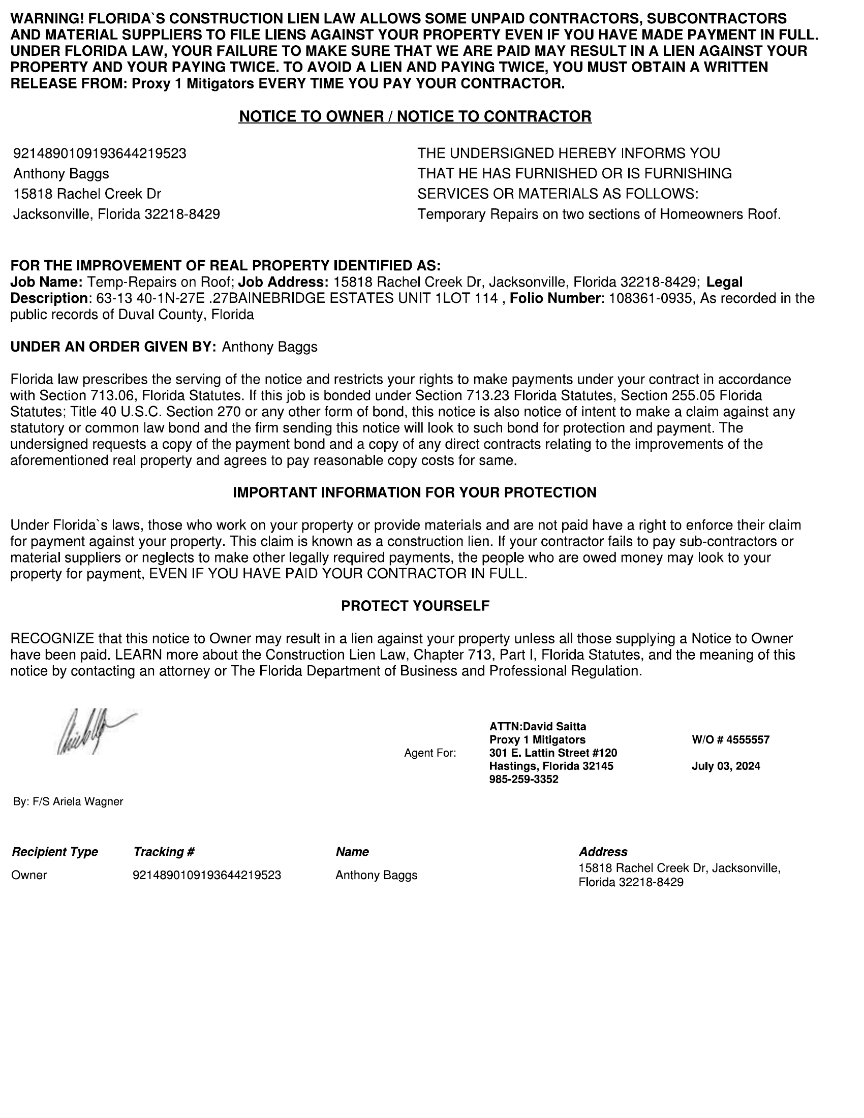 Notice to Owner — Property Details & Payment Instructions