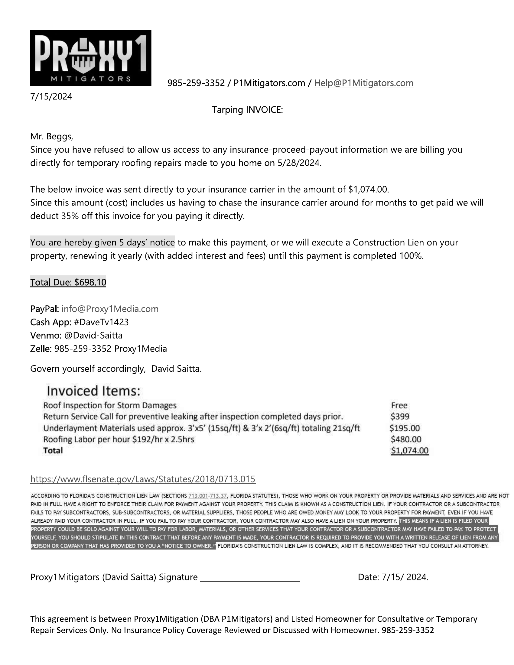 Original Repair Invoice — Roof Inspection & Temp Repairs