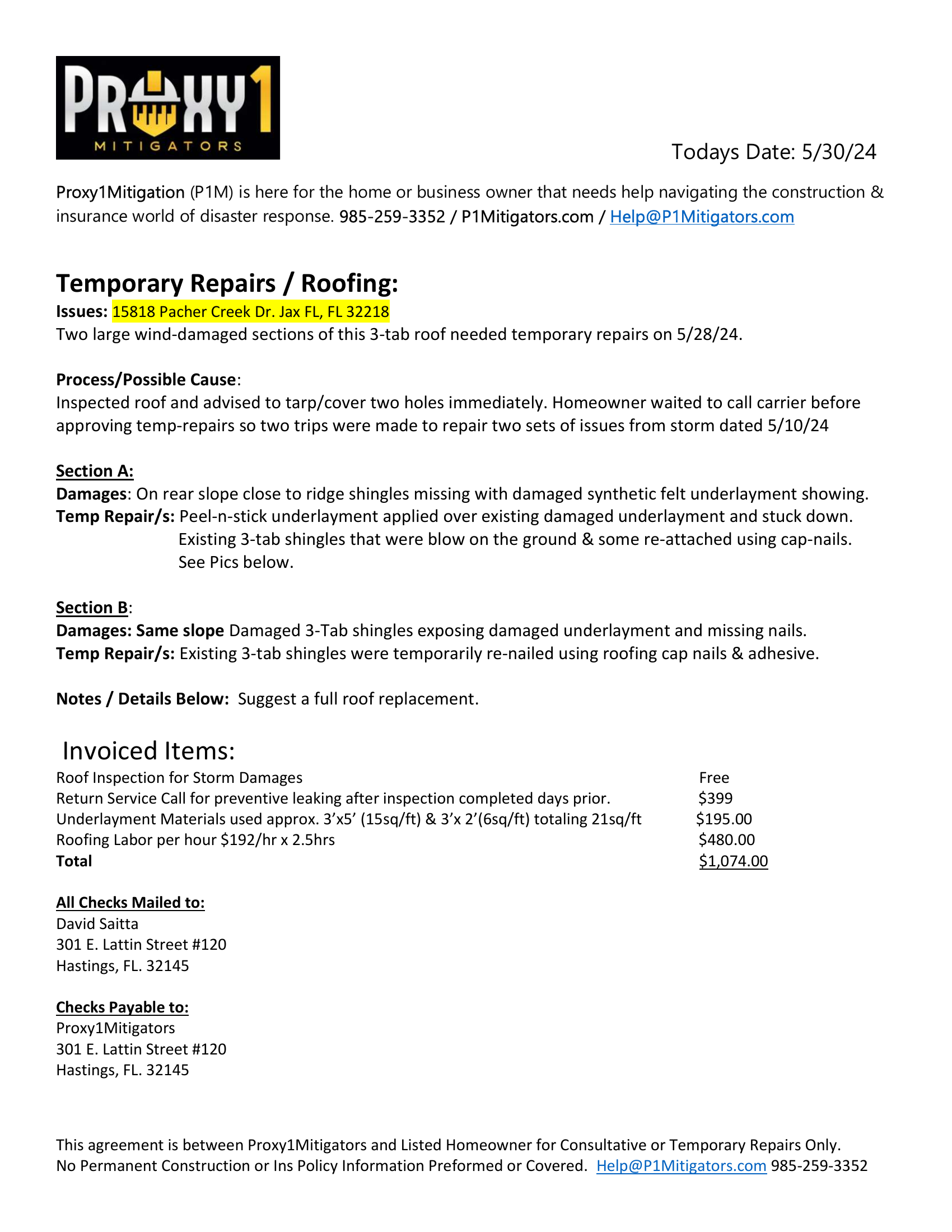 Temporary Repairs Invoice — $1,074.00 (15818 Rachel Creek Dr)