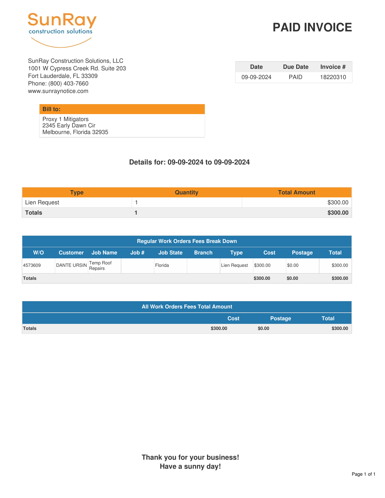 SunRay Lien Invoice — PAID ($300 Lien Request, WO# 4573609)