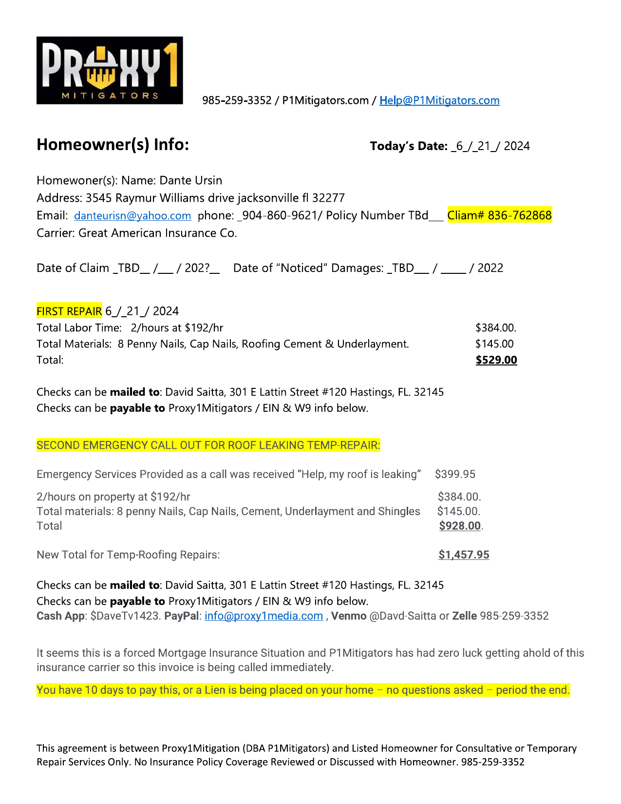 Master Repair Invoice with Photos — 3545 Raymur Villa Dr