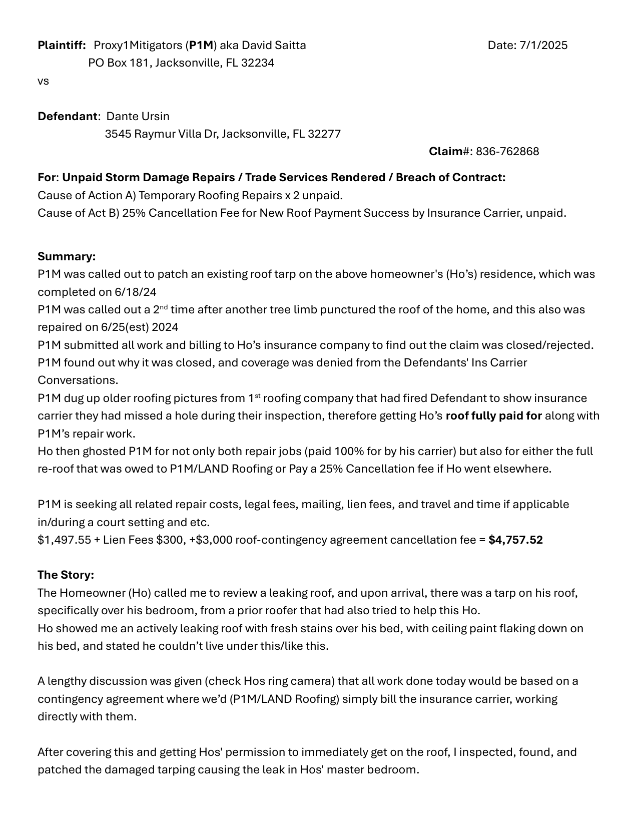 Statement of Claim — County Court, Fourth Judicial Circuit, Duval County FL ($4,757.52)