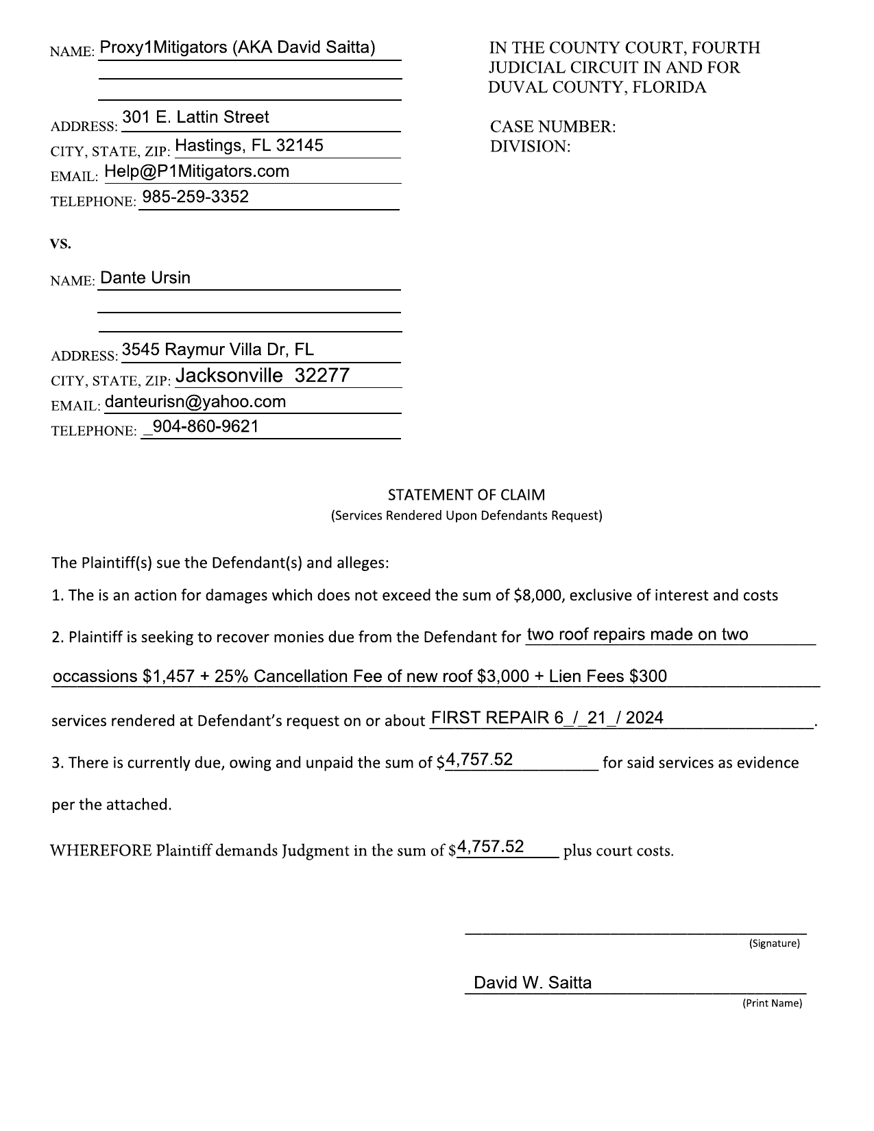 Statement of Claims — Saitta vs. Ursin, Detailed Breakdown (May 2025)