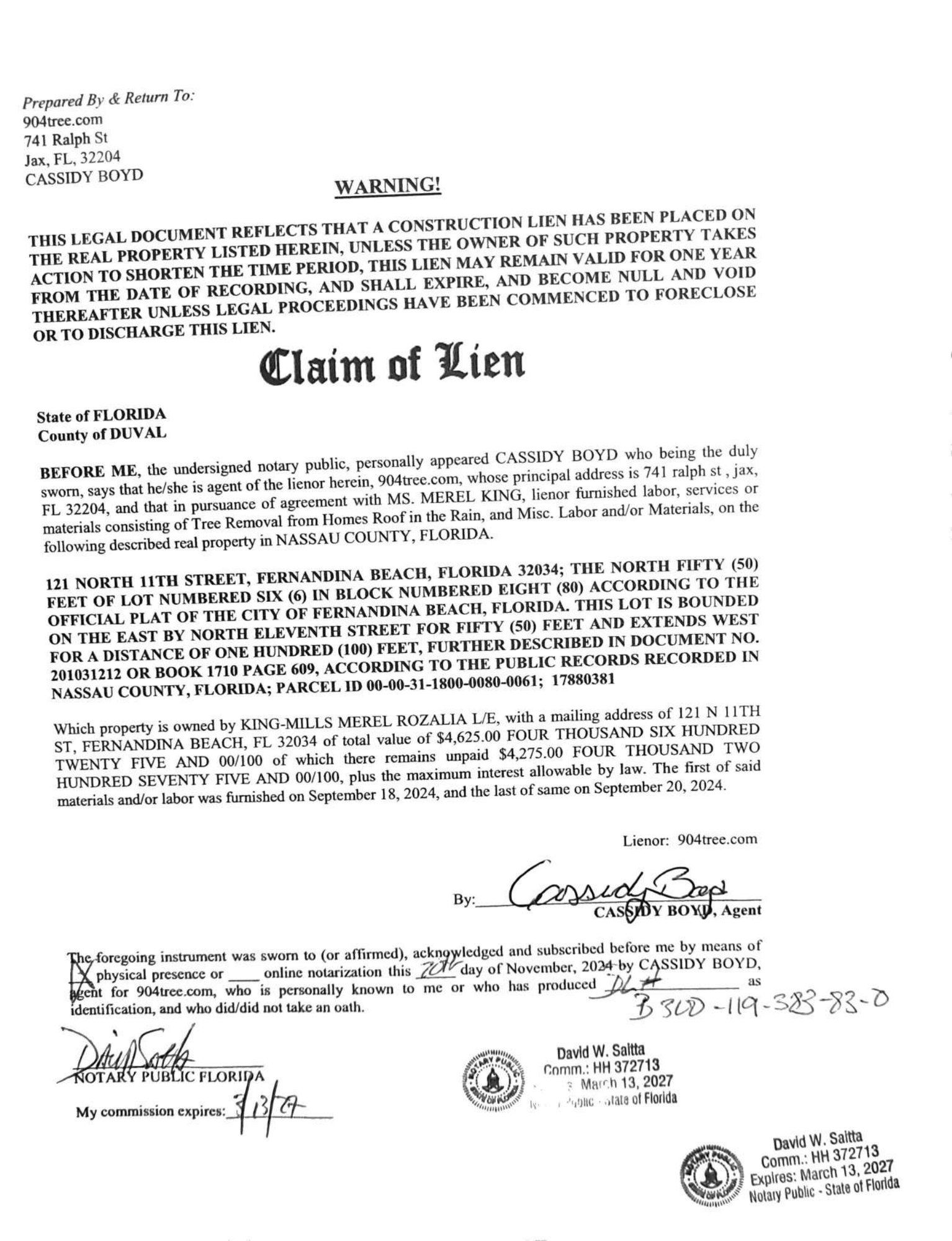 Home Lien Filing — 121 N 11th St, Fernandina Beach, FL 32034 (Page 1)
