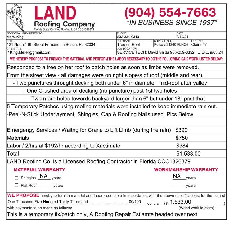 LAND Roofing Co. — Temp Repair Invoice ($1,533.00)