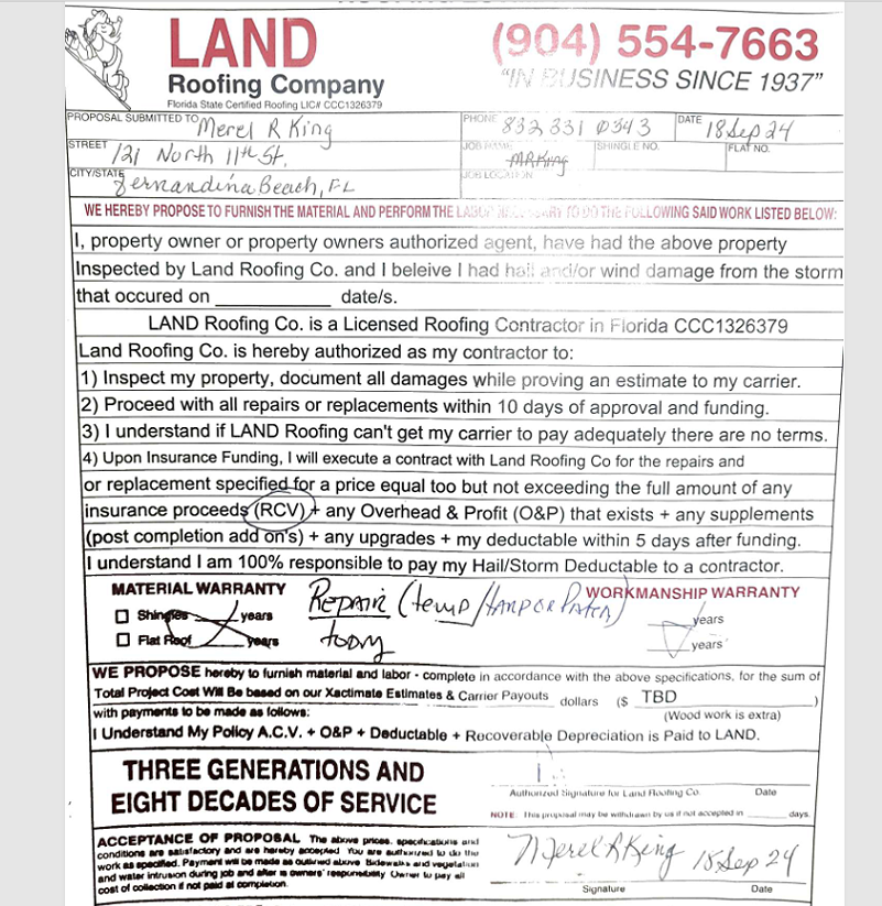 LAND Roofing Co. — Signed Contract (Ms. Merle King)