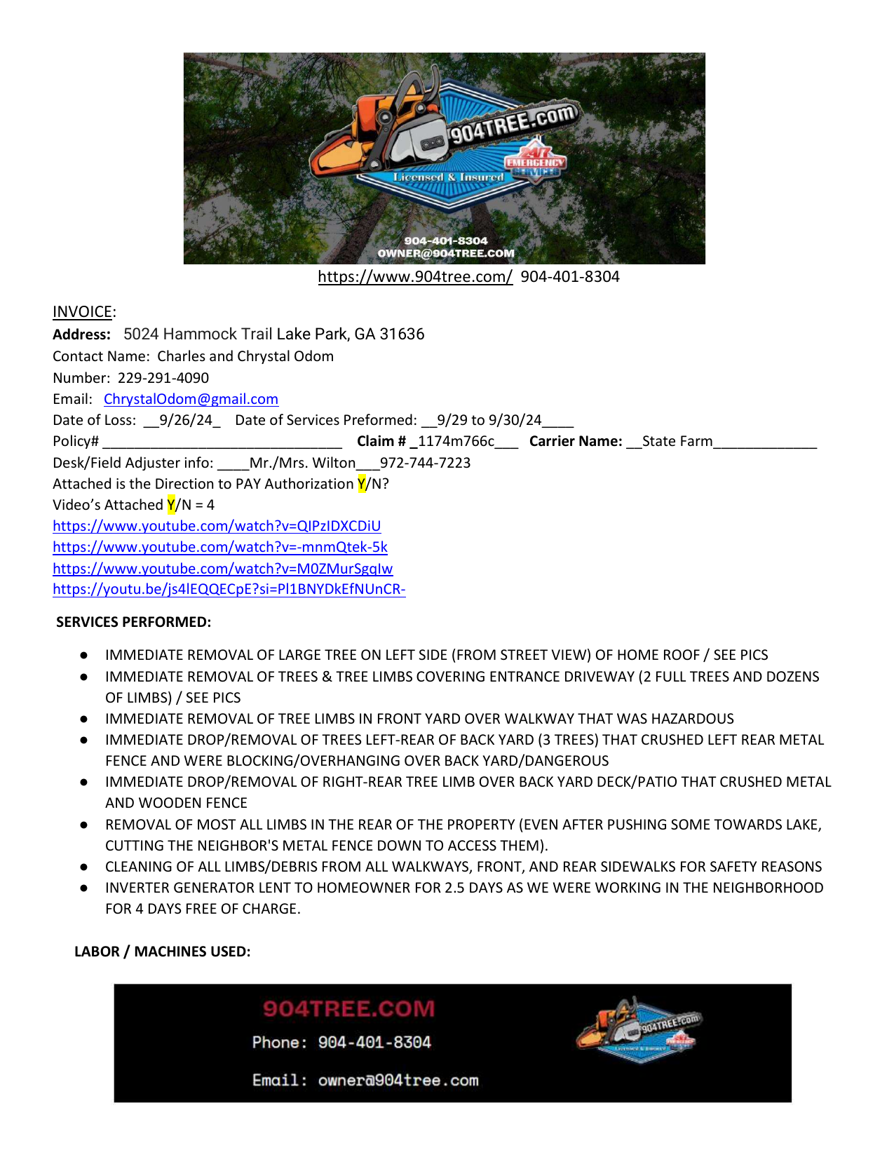 904Tree.com Invoice — Emergency Tree Removal Services Performed 9/29–10/1/2024