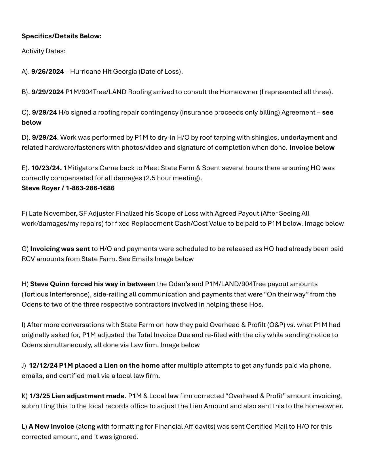 Activity Timeline — Hurricane Date 9/26/2024 through Lawsuit Filing (A–L)