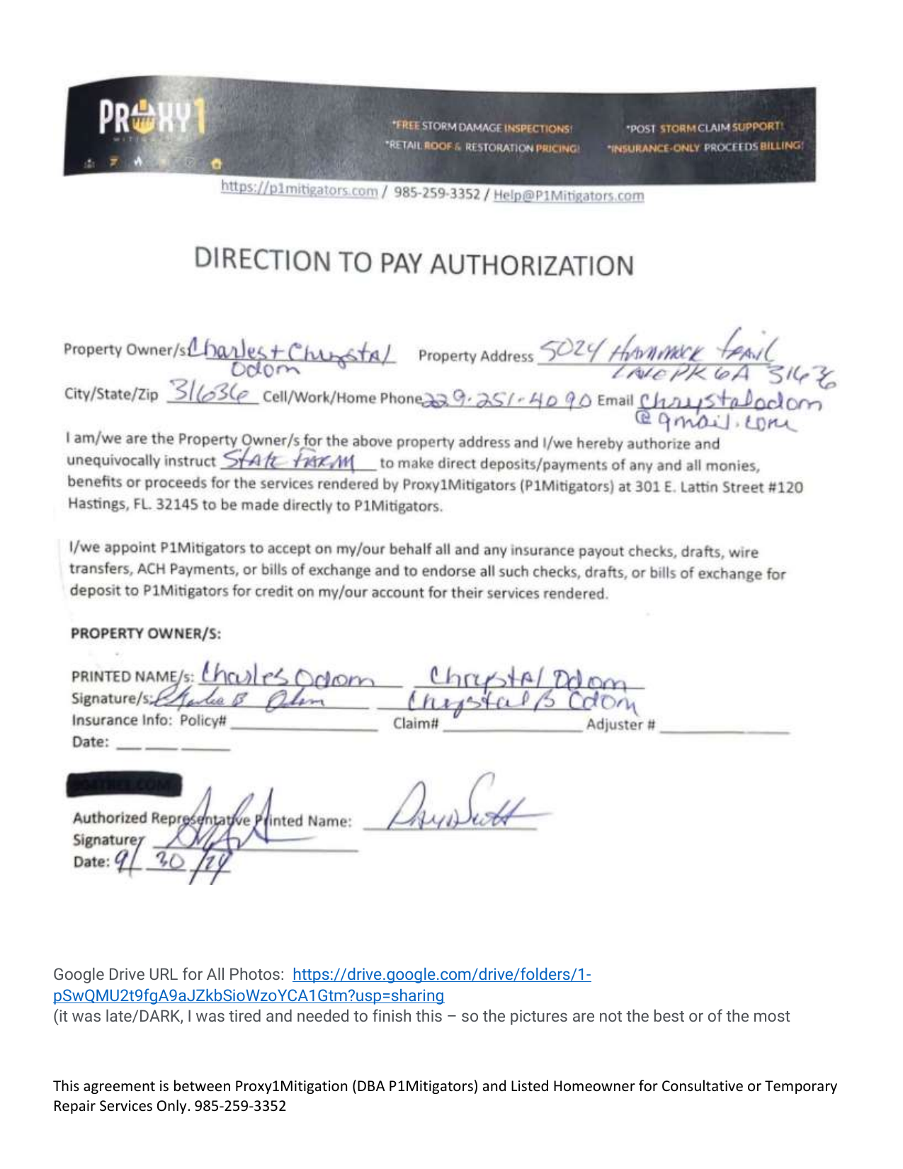 Direction to Pay Authorization — Signed by Charles & Chrystal Odom (9/30/24)