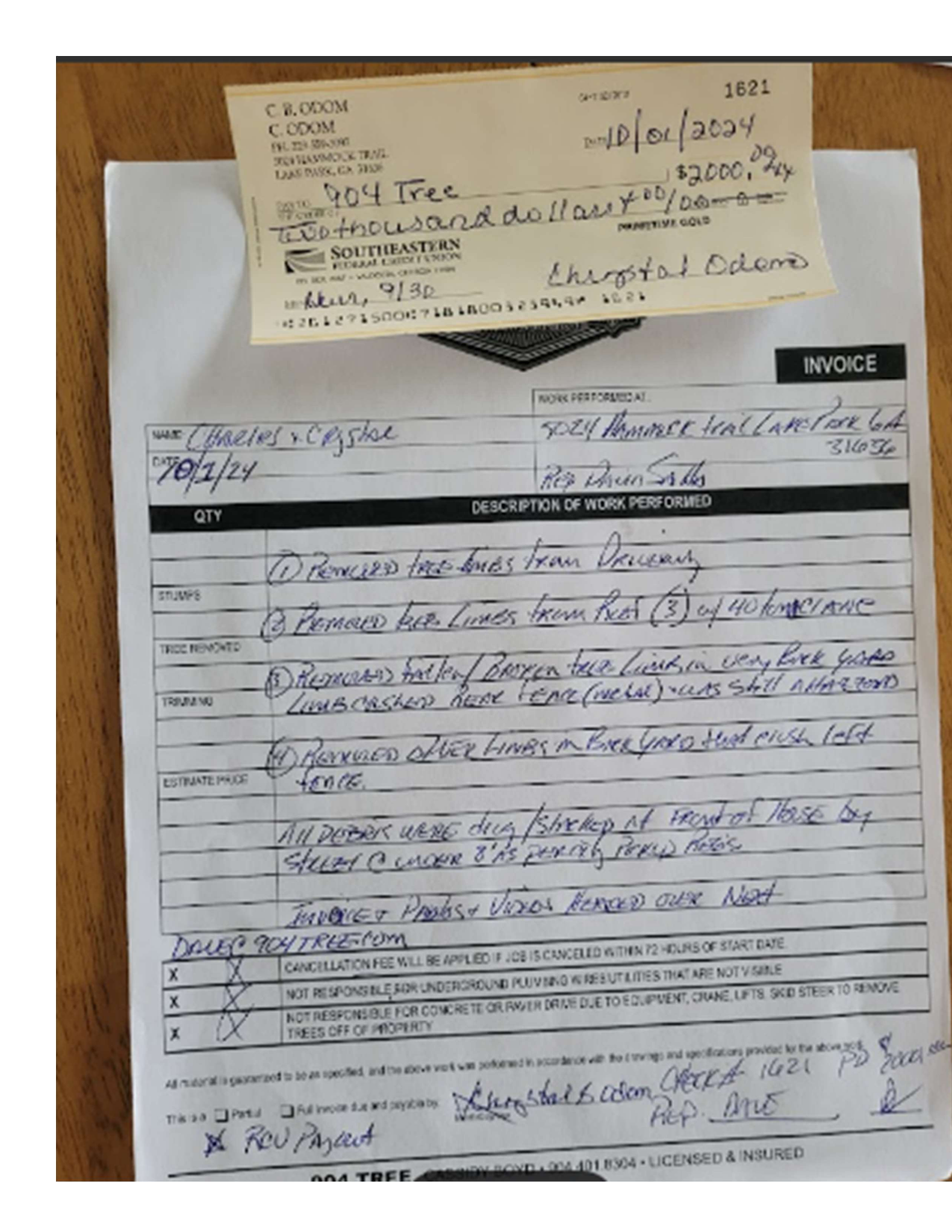 Handwritten Invoice & $2,000 Check (#1621) — Chrystal Odom Partial Payment