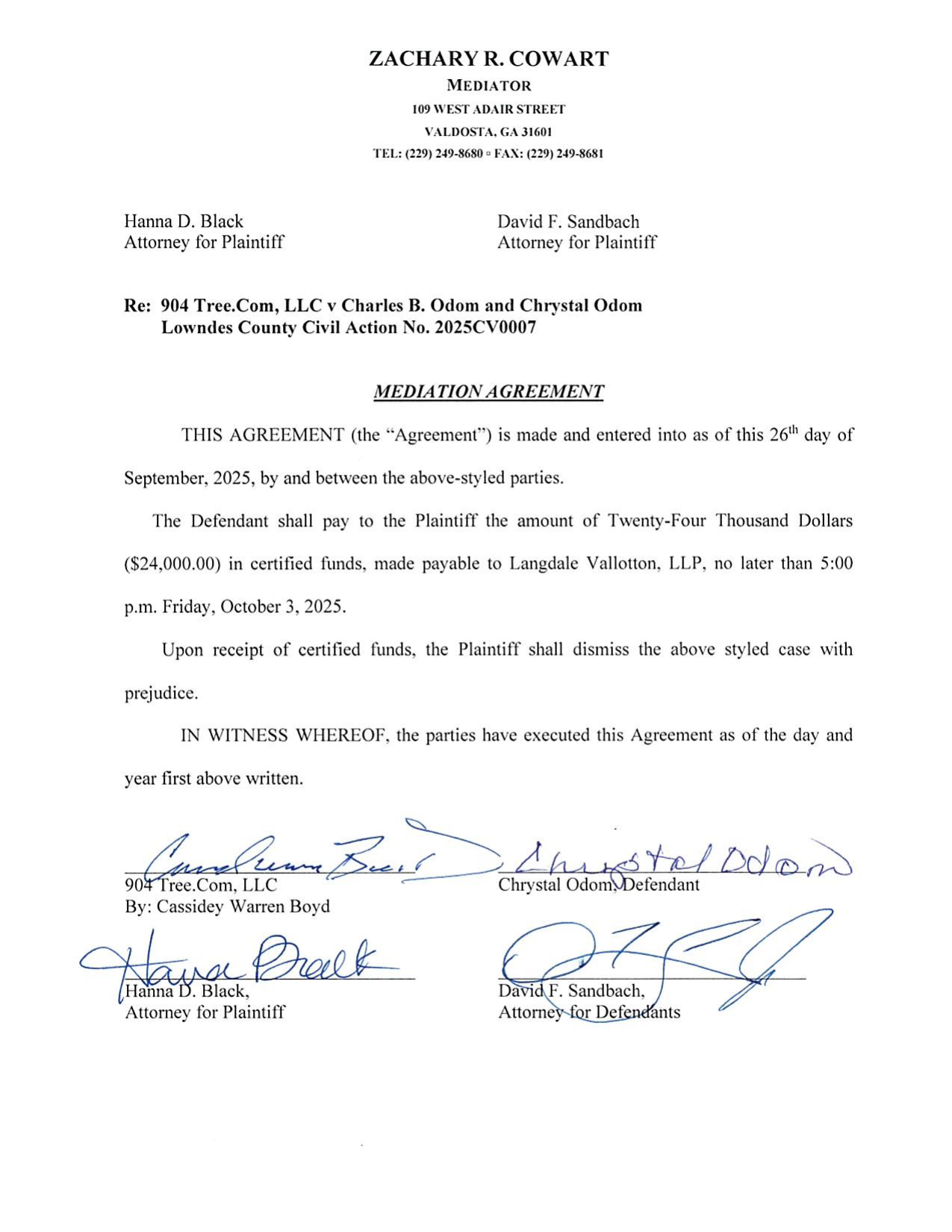 Mediation Agreement — $24,000 AWARDED, Lowndes County Civil Action No. 2025CV0007