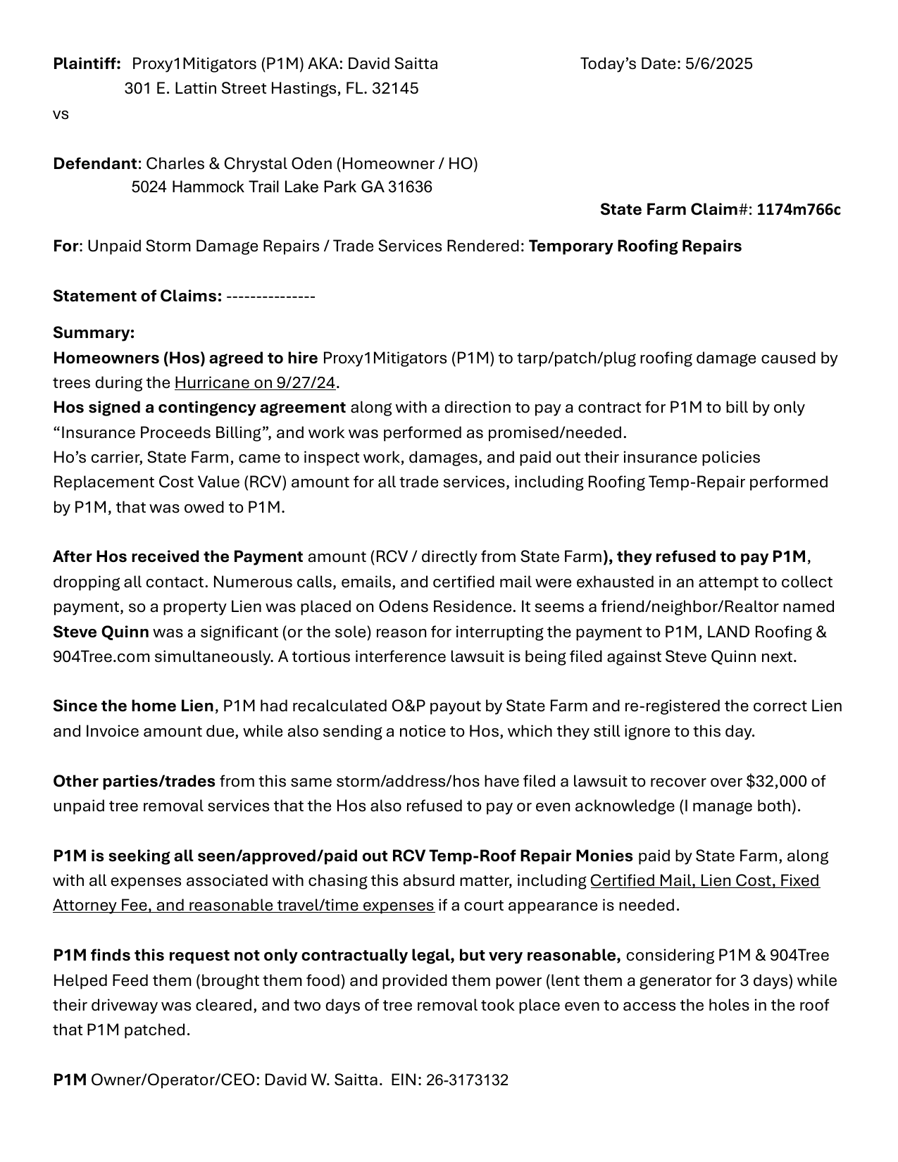 Statement of Claims — P1Mitigators vs. Charles & Chrystal Odom (May 2025)