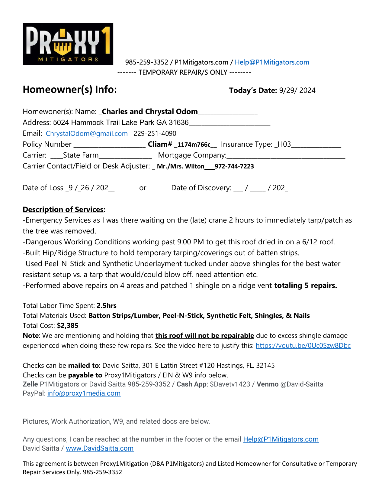 Temp Repairs Invoice — $2,385 (5 Repairs, 2.5hrs Labor, Dangerous Night Conditions)